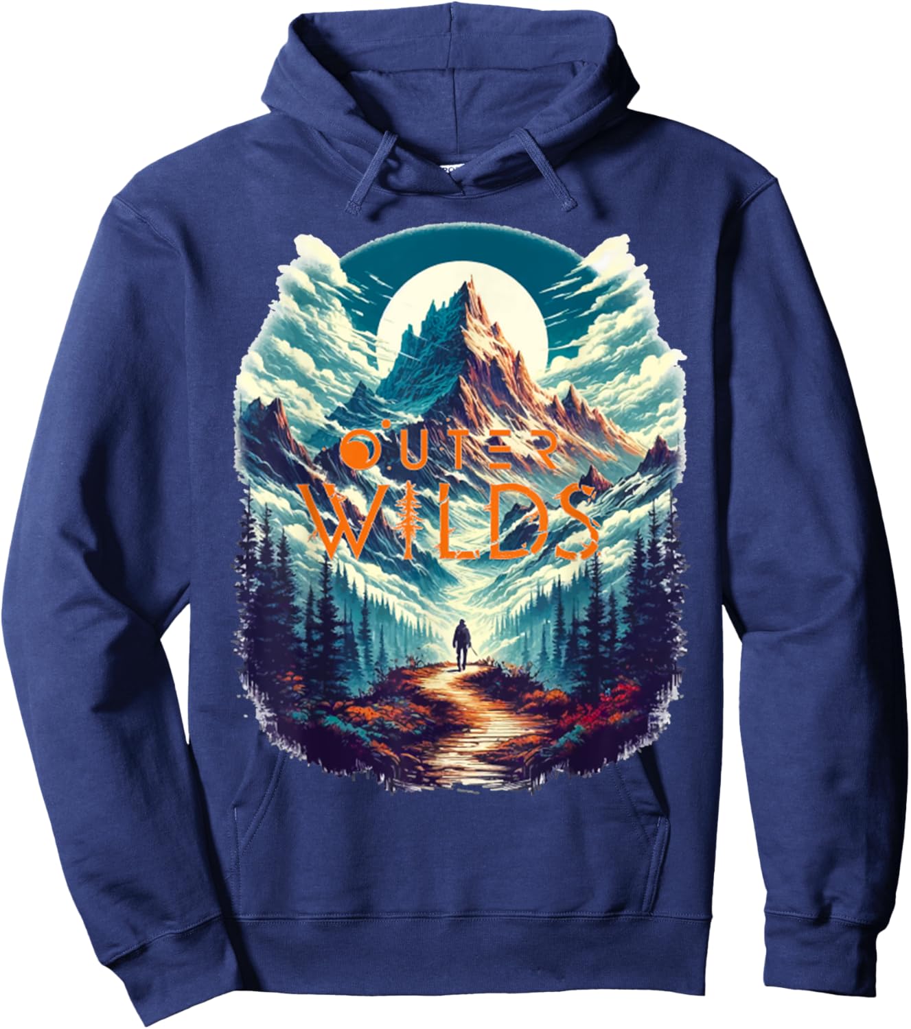 Retro Outer Wilds Text Moon Mountain Forest Tree House Sun Hoodie - Hoodie | Navy