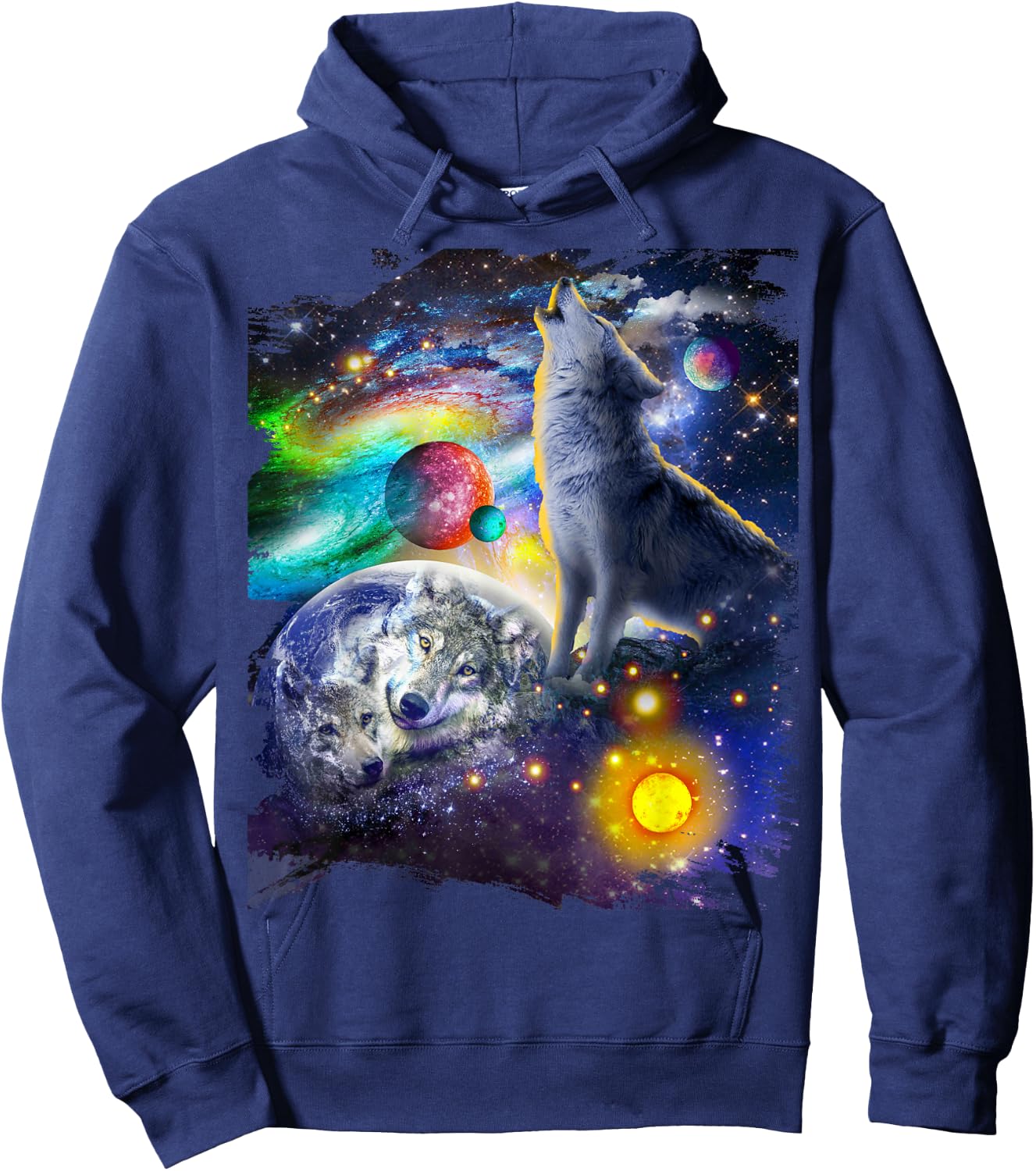 Cosmic Space Wolf, Wolves Family Howling, Reflections Hoodie - Hoodie | Navy