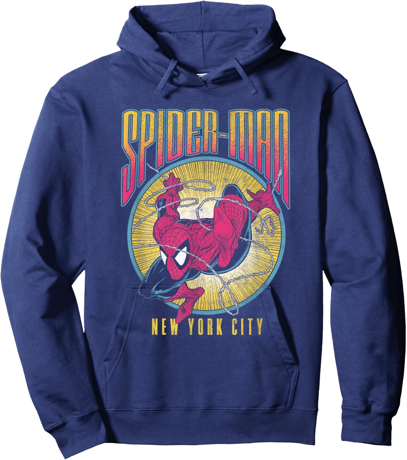 Marvel Spider-Man Swinging Through NYC Distressed Big Poster Hoodie - Hoodie | Navy