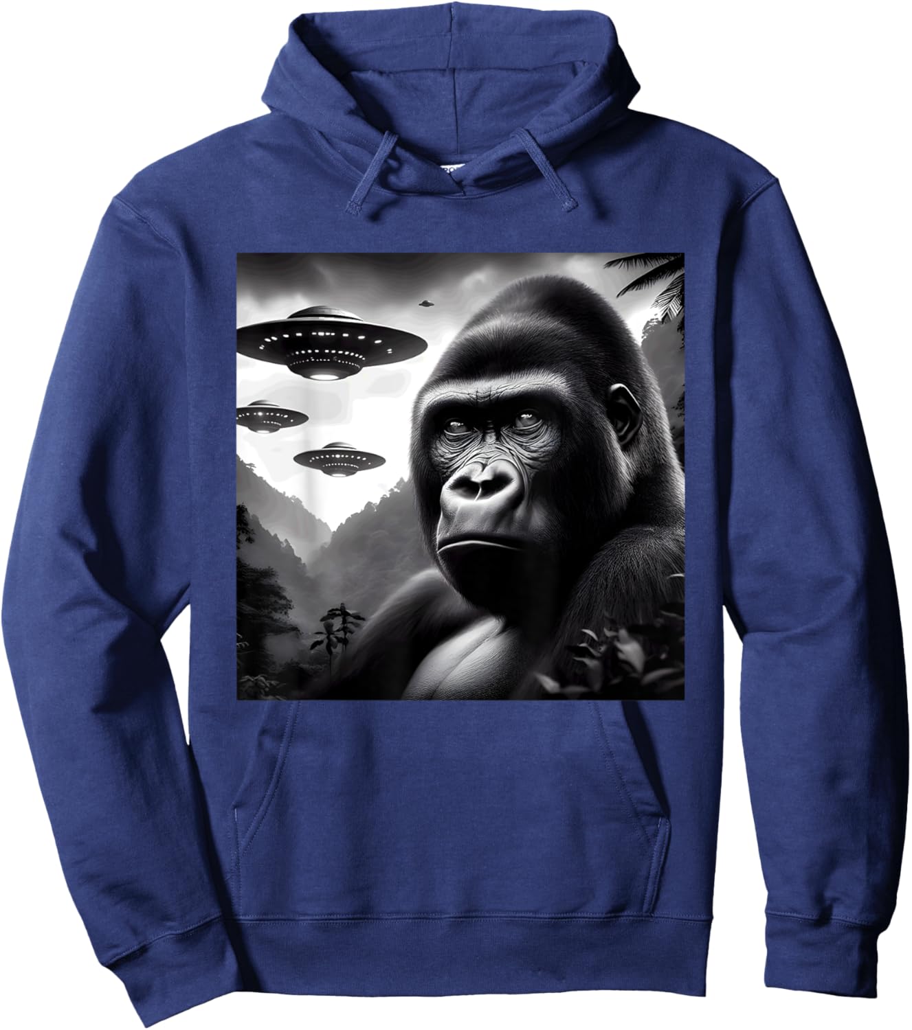 Gorilla Monkey Funny Graphic Selfie with UFOs Weird Aliens Hoodie - Hoodie | Navy