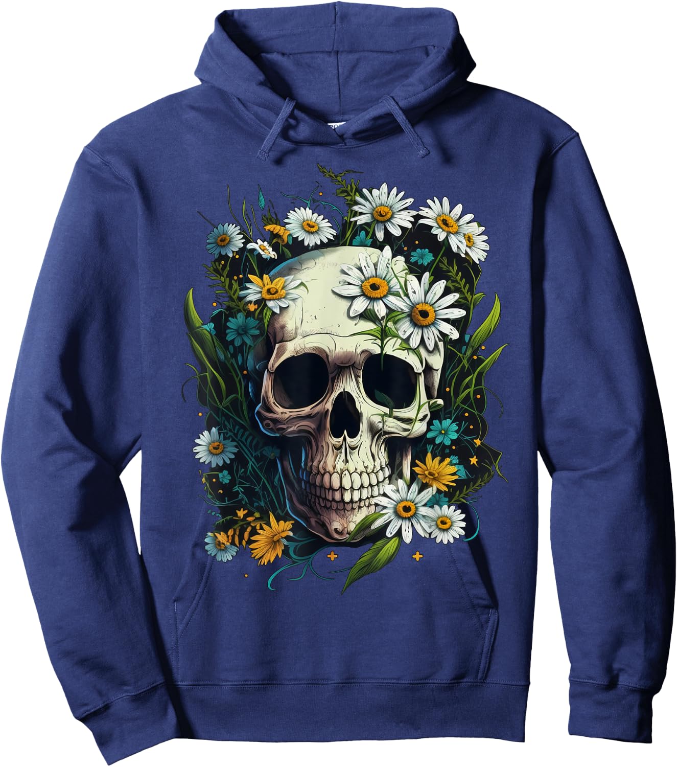 Floral Daisy Flower Skull on Skeleton Daisy Flower Hoodie - Hoodie | Navy