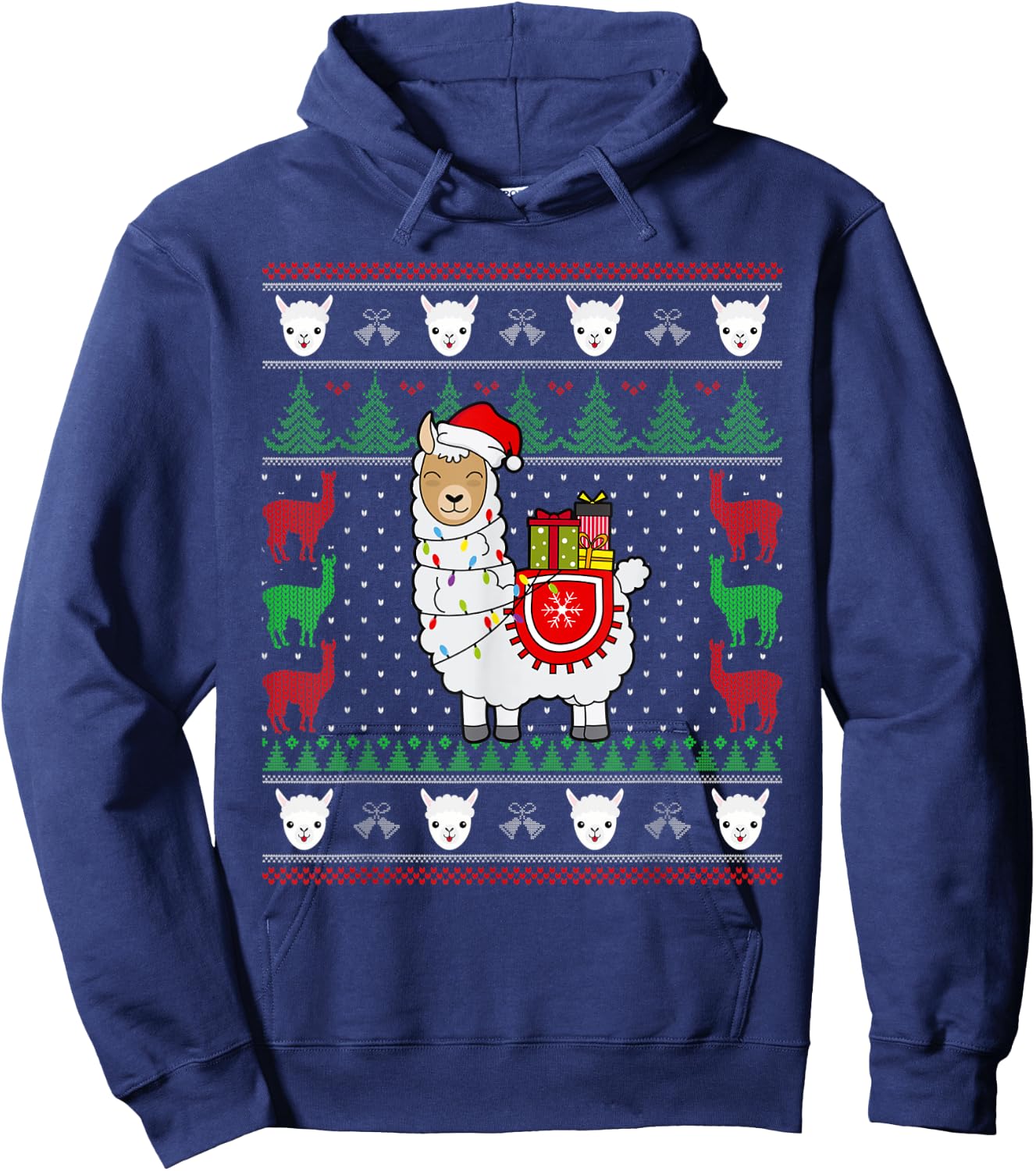 Christmas Llama Santa Hat Cute Ugly Xmas Sweater Funny Gift Hoodie - Hoodie | Navy