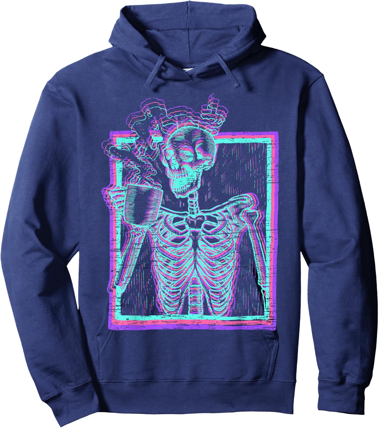 Distressed Synthwave Skeleton Vaporwave Smiling Skull Coffee Hoodie - Hoodie | Navy