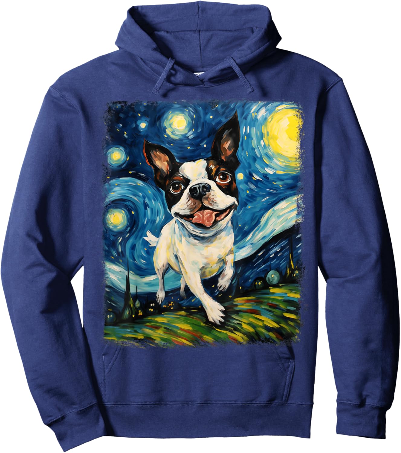 Boston Terrier Dog Starry Night Painting Hoodie - Hoodie | Navy