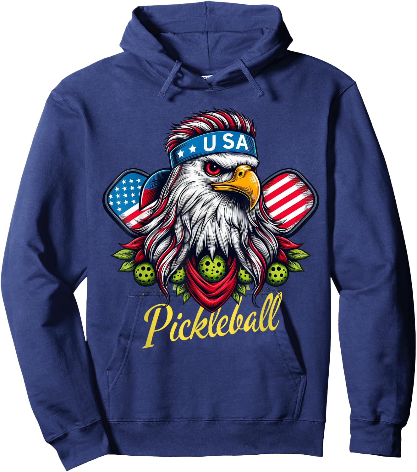 Eagle Mullet Pickleball Lovers 4th of July USA American Flag Hoodie - Hoodie | Navy