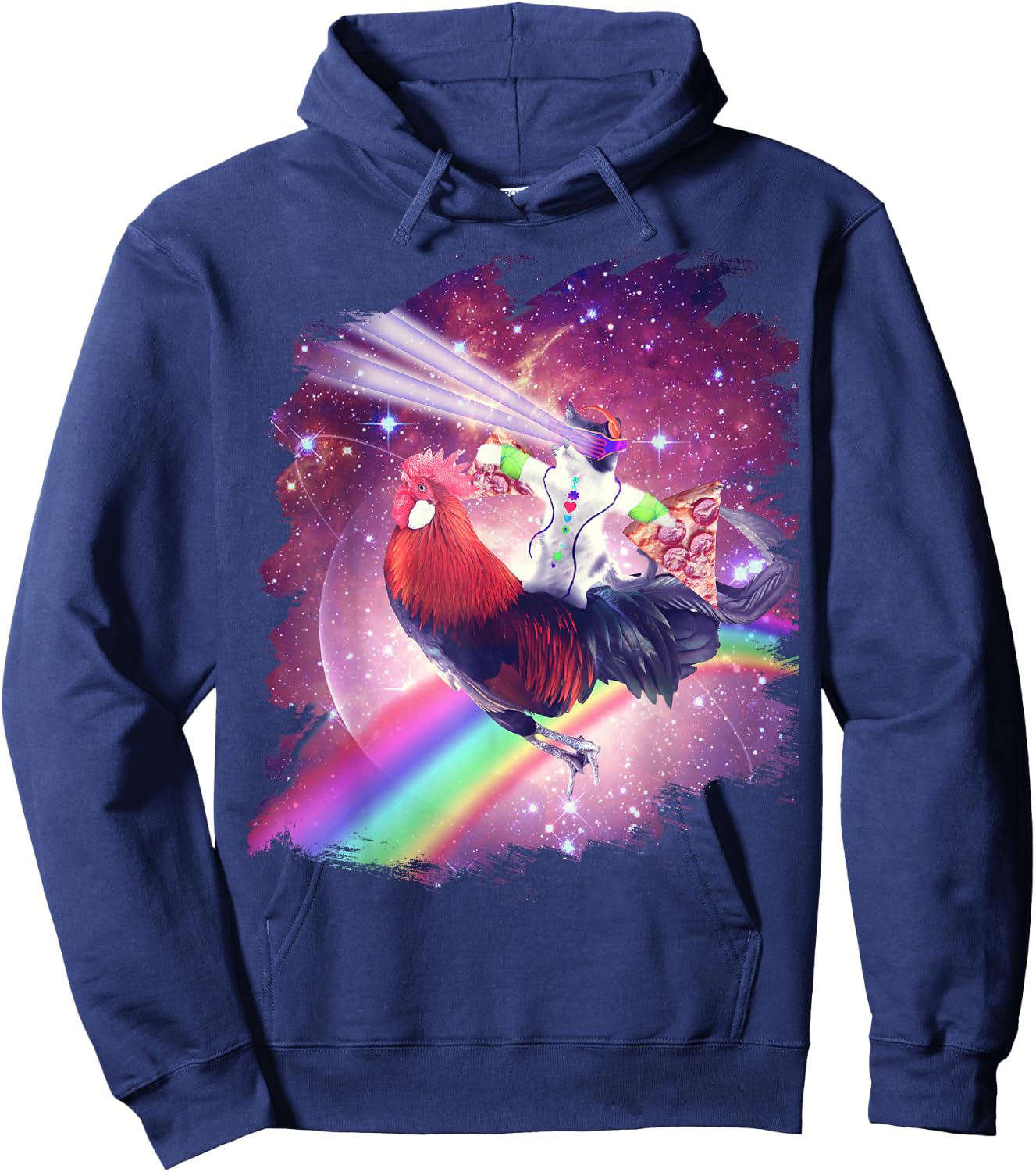 Lazer Rave Space Cat Riding Chicken With Pizza Hoodie - Hoodie | Navy