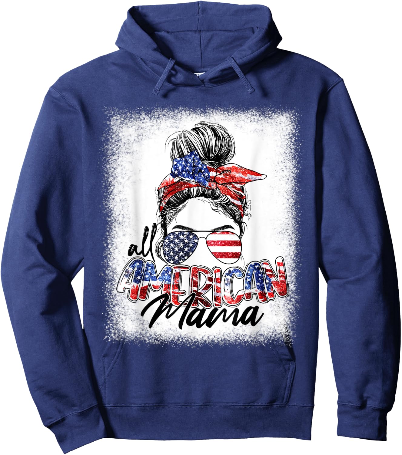 All American Mama Messy Bun Hair Style American Flag Hoodie - Hoodie | Navy