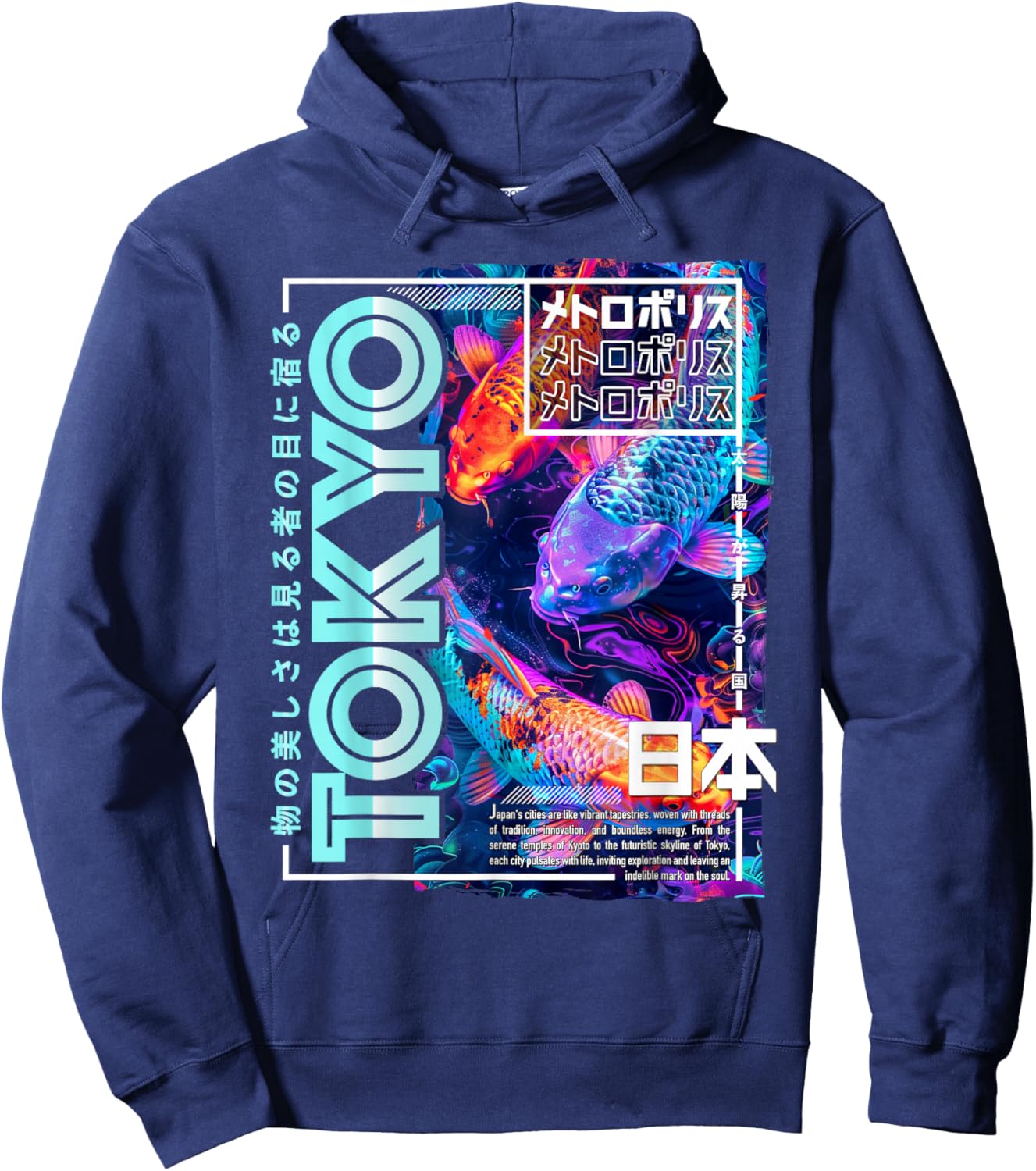 Tokyo City 80s Synthwave Koi Carp Japan Tokyo Hoodie - Hoodie | Navy
