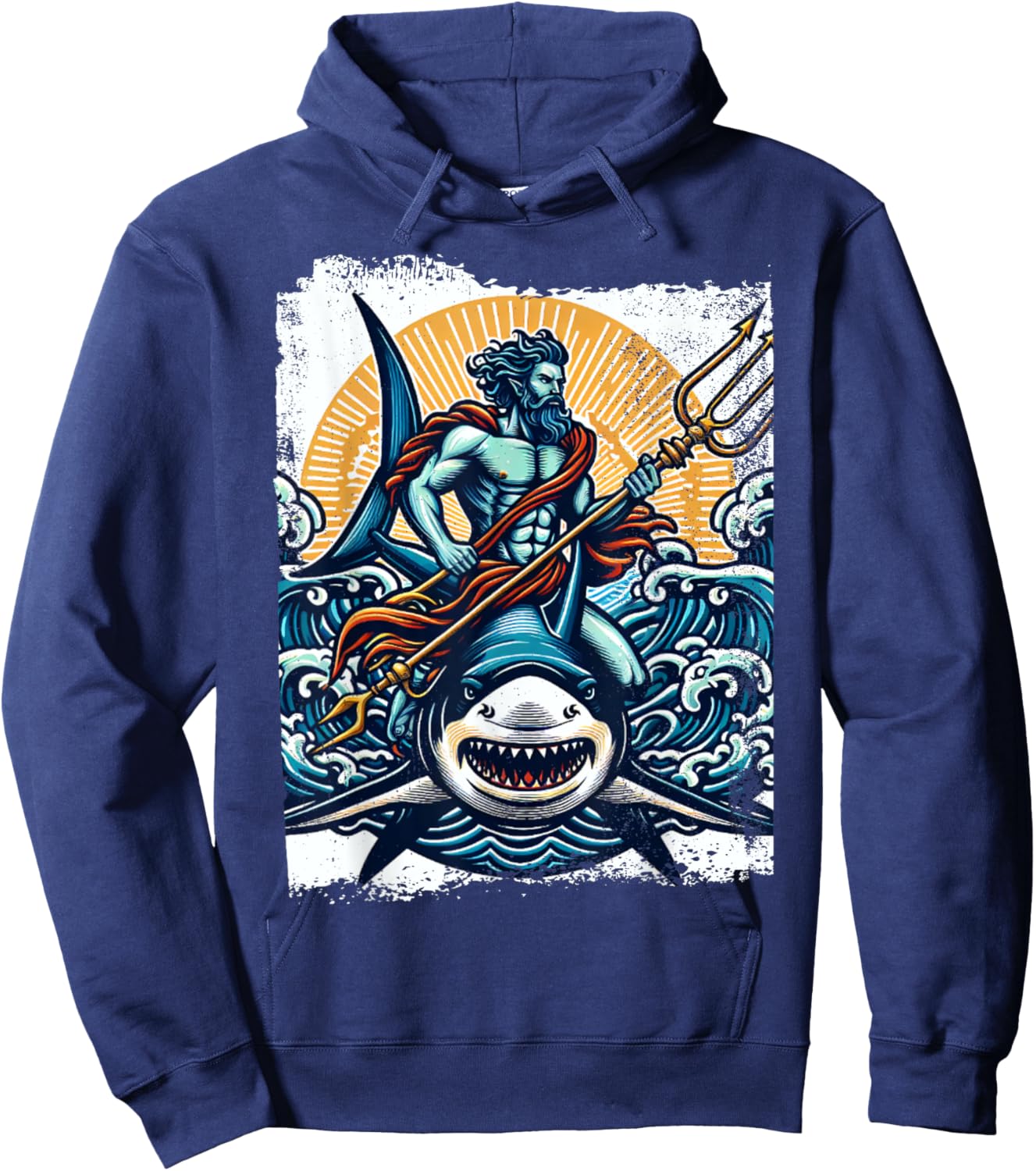 Poseidon Riding Shark Trident Costume Ancient Greek God Hoodie - Hoodie | Navy