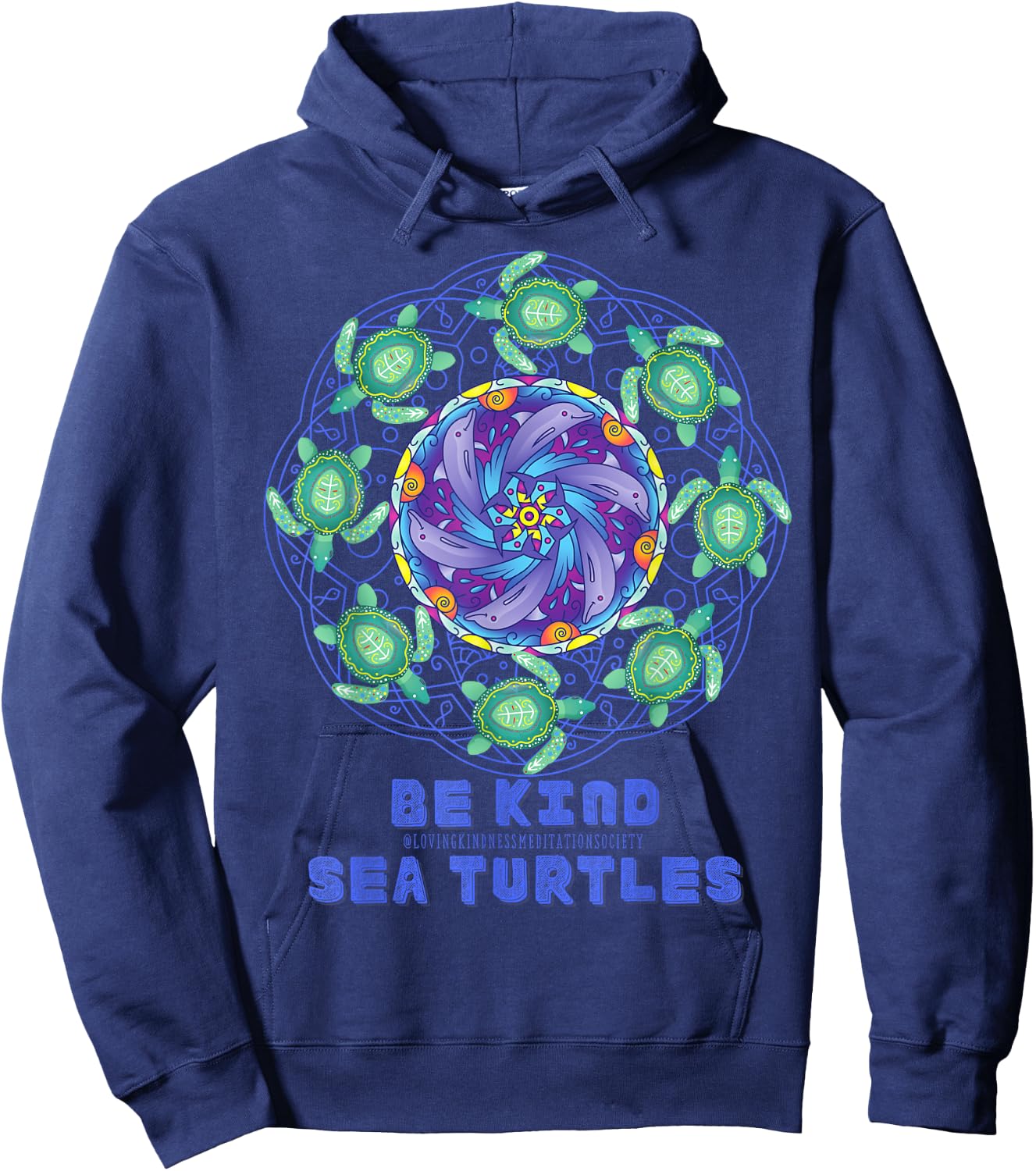 Sea Turtle Dolphins Mandala Ocean Surf Beach Loving Kindness Hoodie - Hoodie | Navy