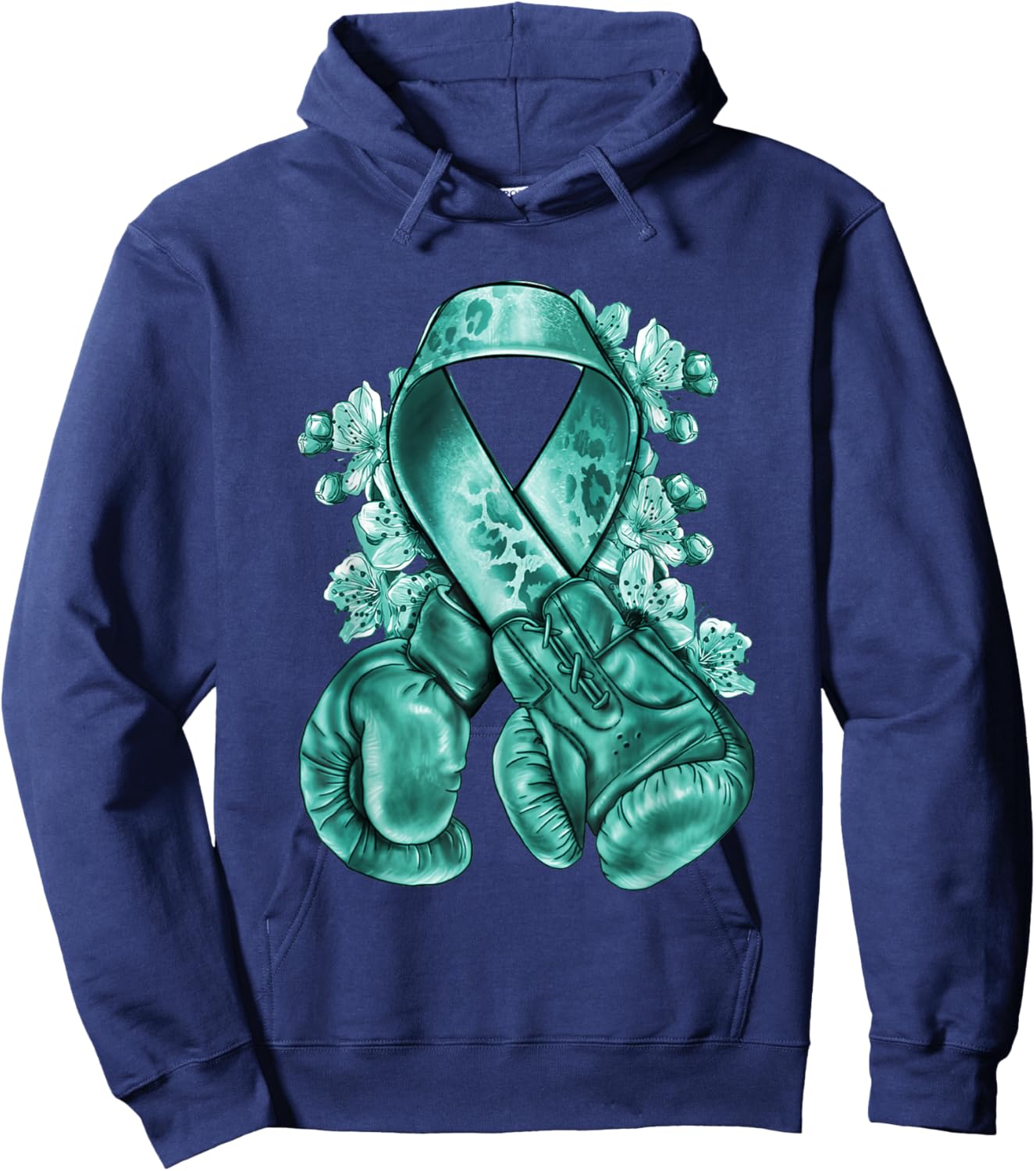 Ovarian Cancer teal ribbon with boxing gloves Awareness Hoodie - Hoodie | Navy