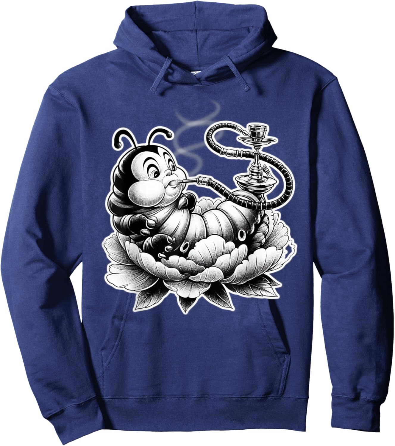 Caterpillar Smoking Hookah on Flower Blackwork Hoodie - Hoodie | Navy