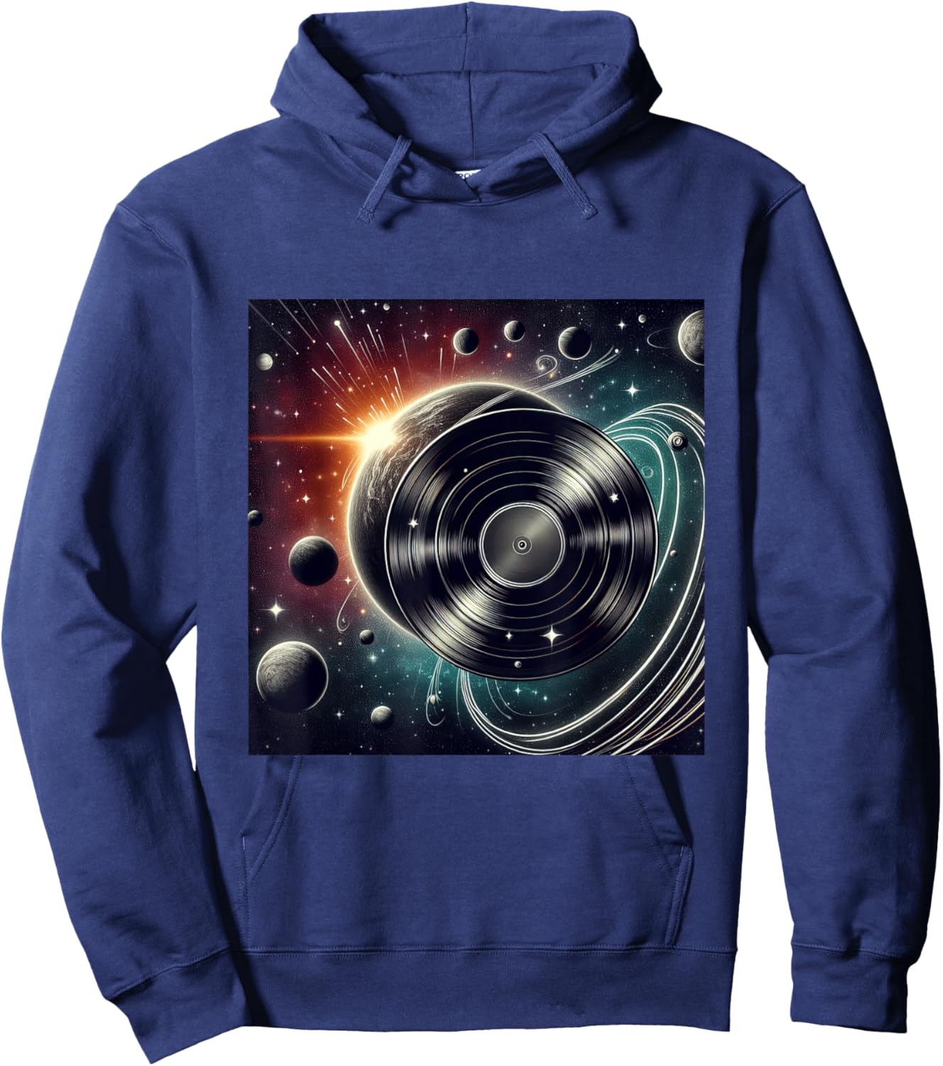 Vinyl Record Orbiting Through Space Cosmic Impact Hoodie - Hoodie | Navy