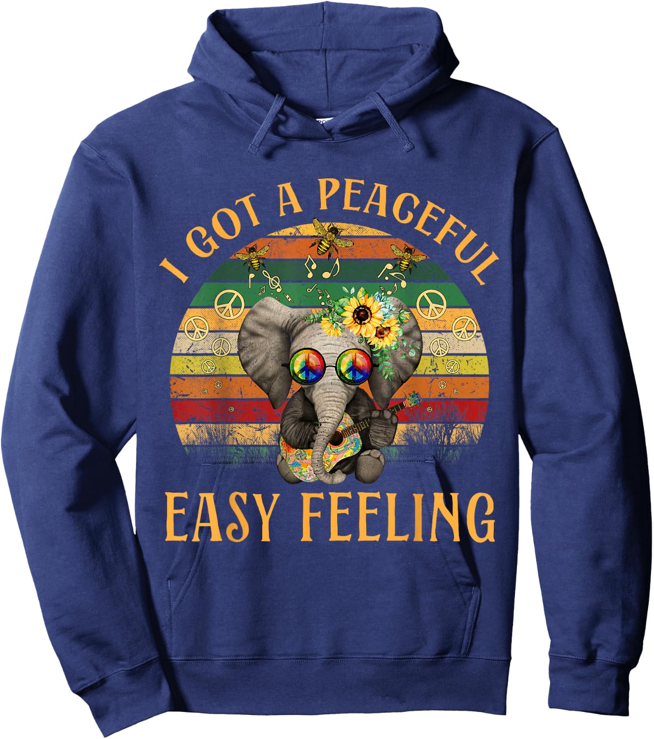 Hippie Peace I Got A Easy Peaceful Feeling Elephant Guitar Hoodie - Hoodie | Navy