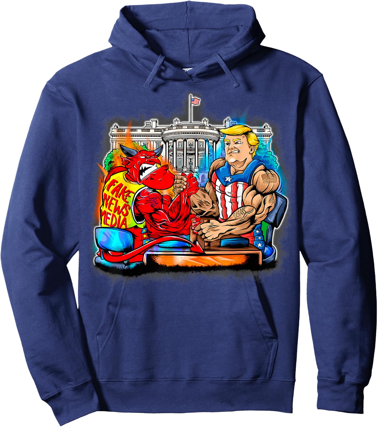 Donald Trump Arm Wrestling Satan Fake News Media Gift Hoodie - Hoodie | Navy
