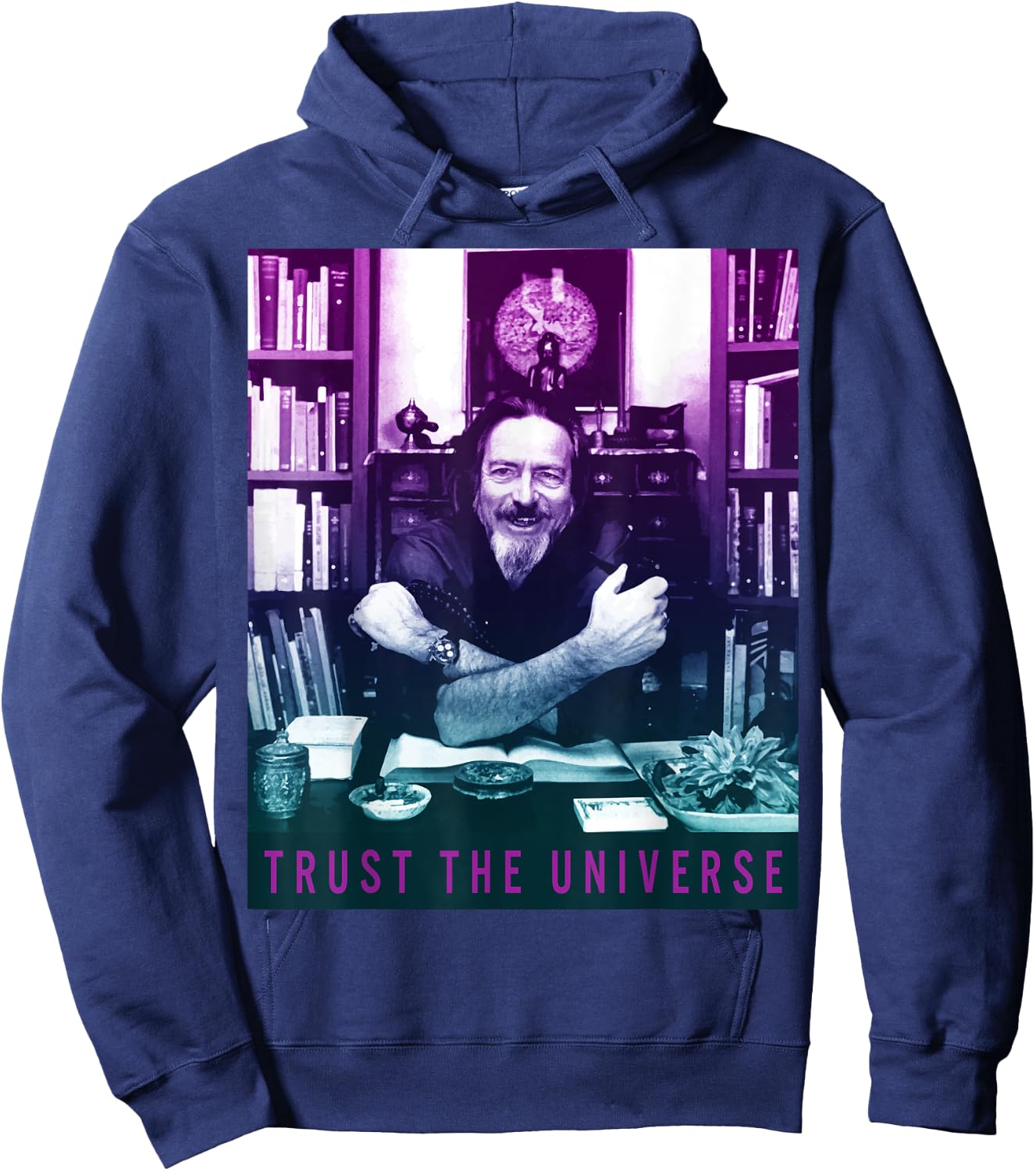 Quotes and Sayings Famous Philosophers Alan Watts Gradient Photo Trust The Universe Adults Men's Casual Yoga Black Small Hoodie - Hoodie | Navy