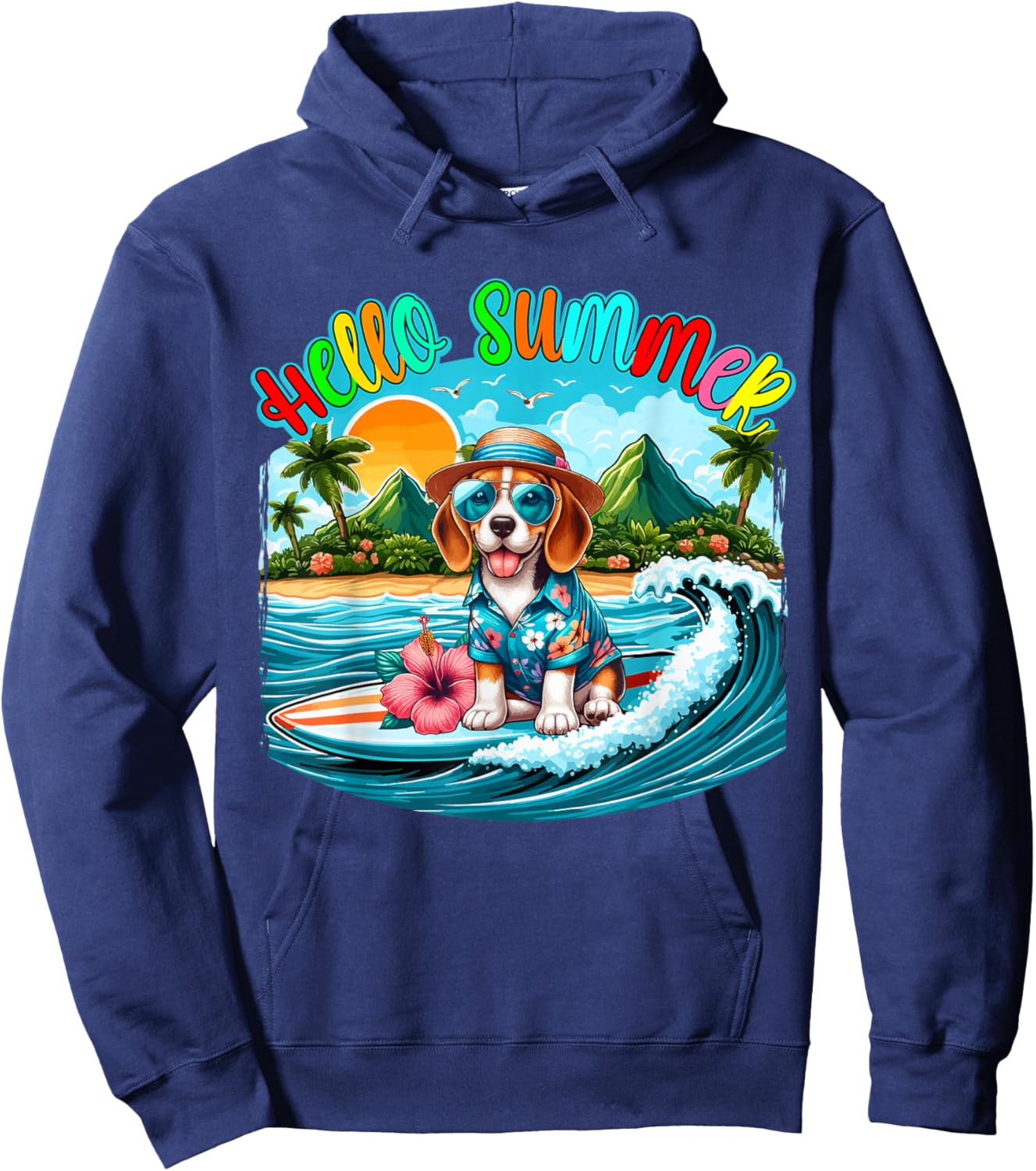 Summer Costume Beagle Sunglasses Surfing On Beach Surfer Hoodie - Hoodie | Navy