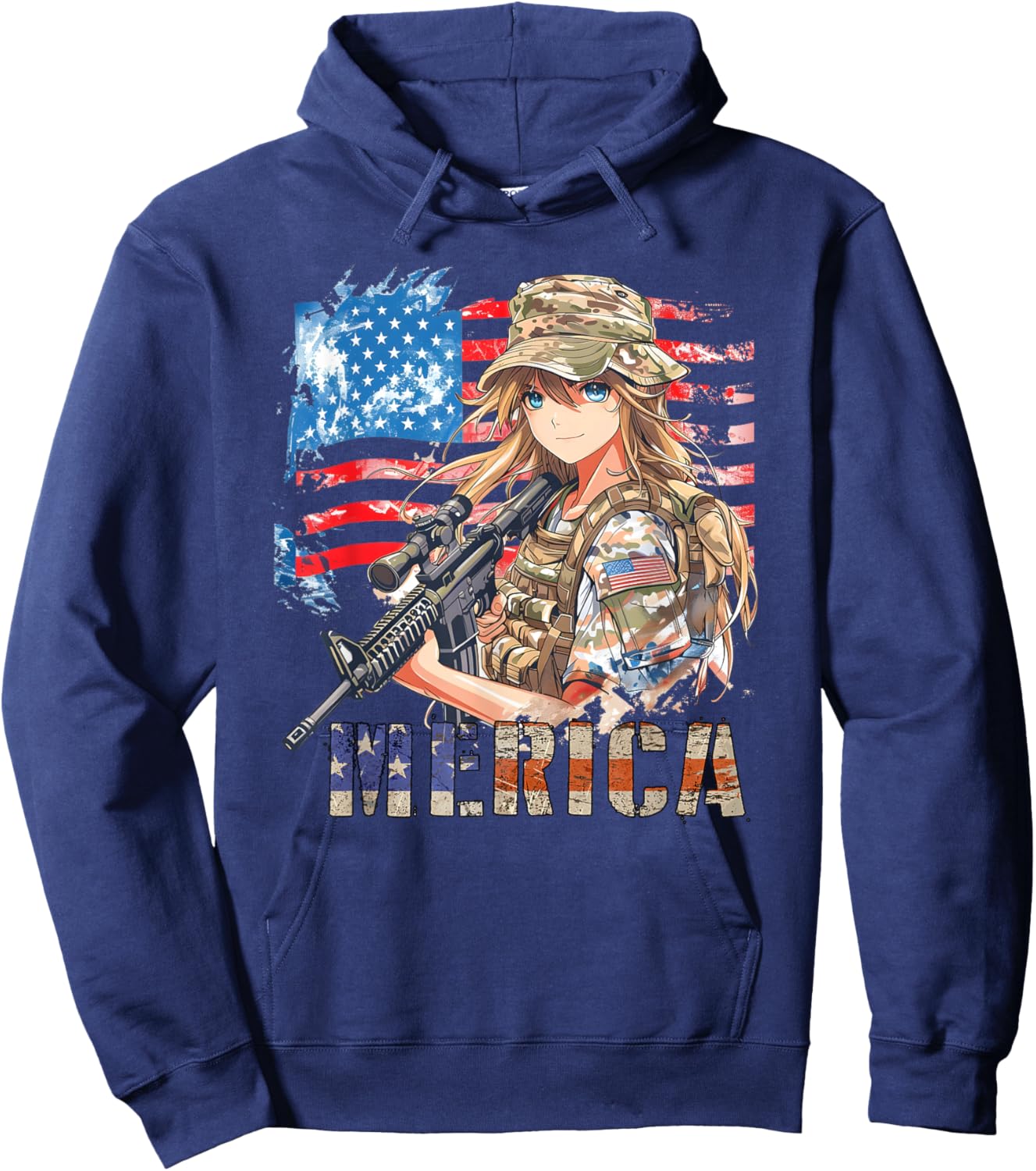 4th Of July Military Anime Girl Patriotic Kid Women US Flag Hoodie - Hoodie | Navy