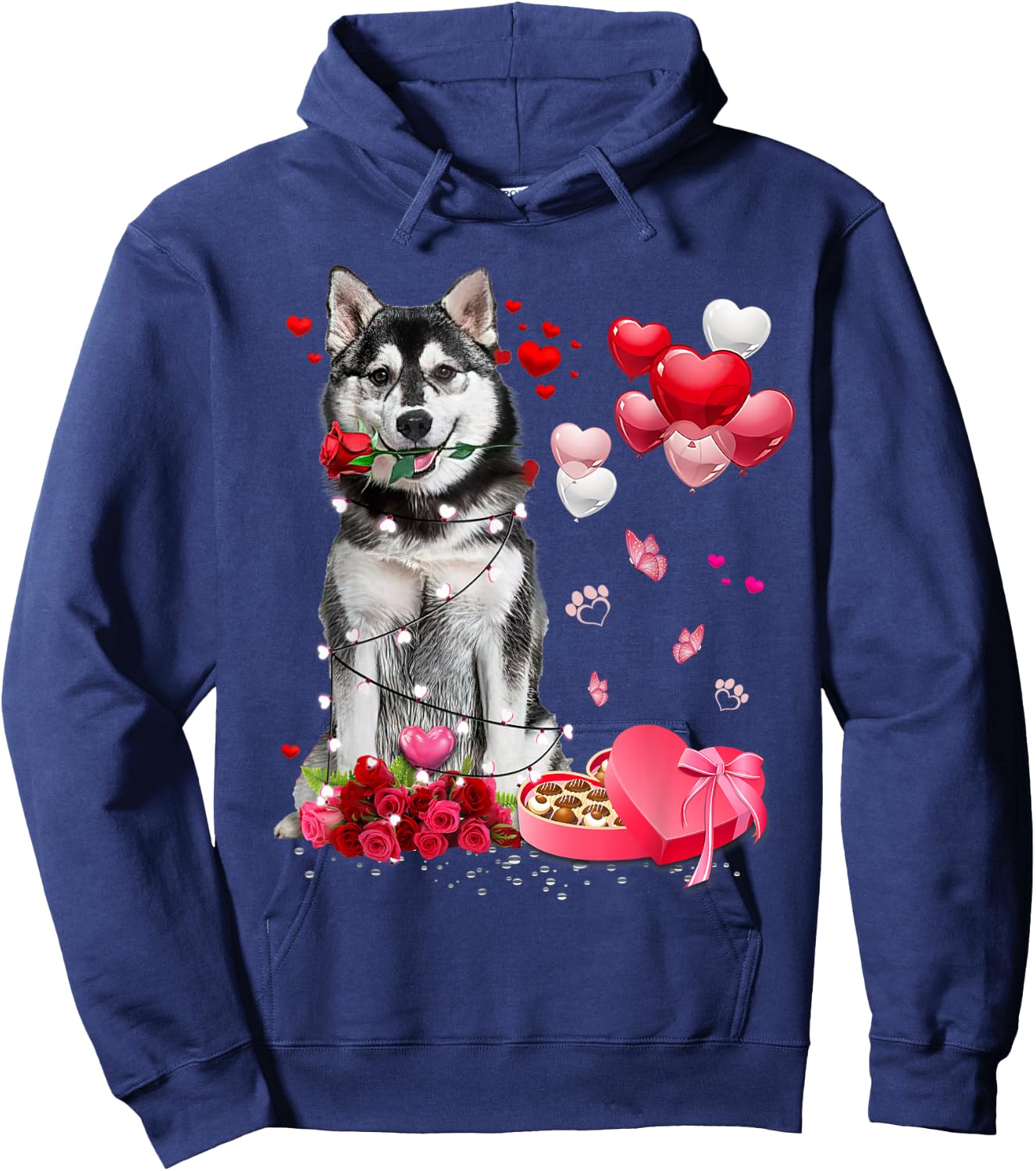 Funny Husky Rose Heart Happy Valentine Day Dog Mom Hoodie - Hoodie | Navy