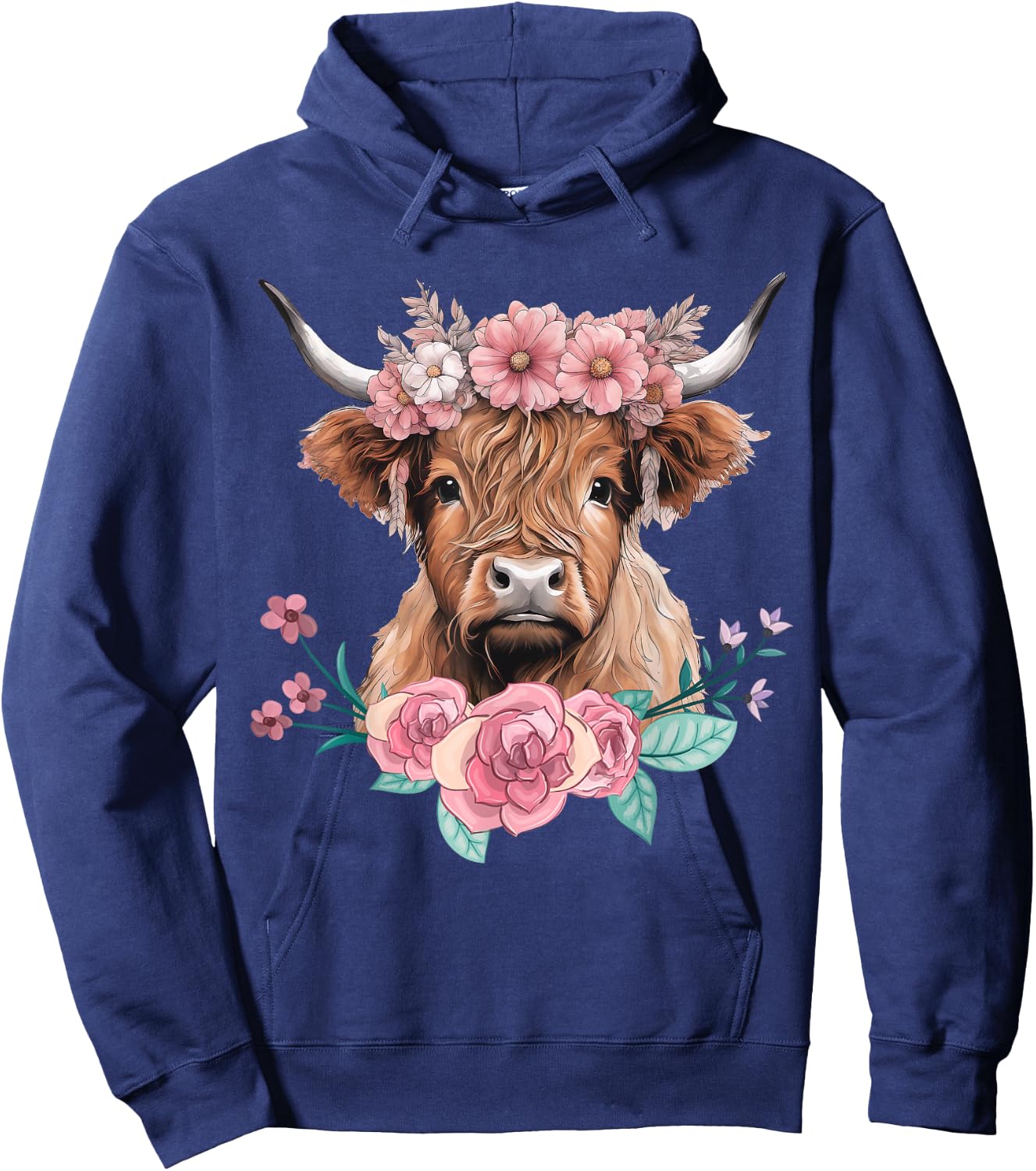 Cute Baby Highland Cow With flowers Calf Animal cow women Hoodie - Hoodie | Navy