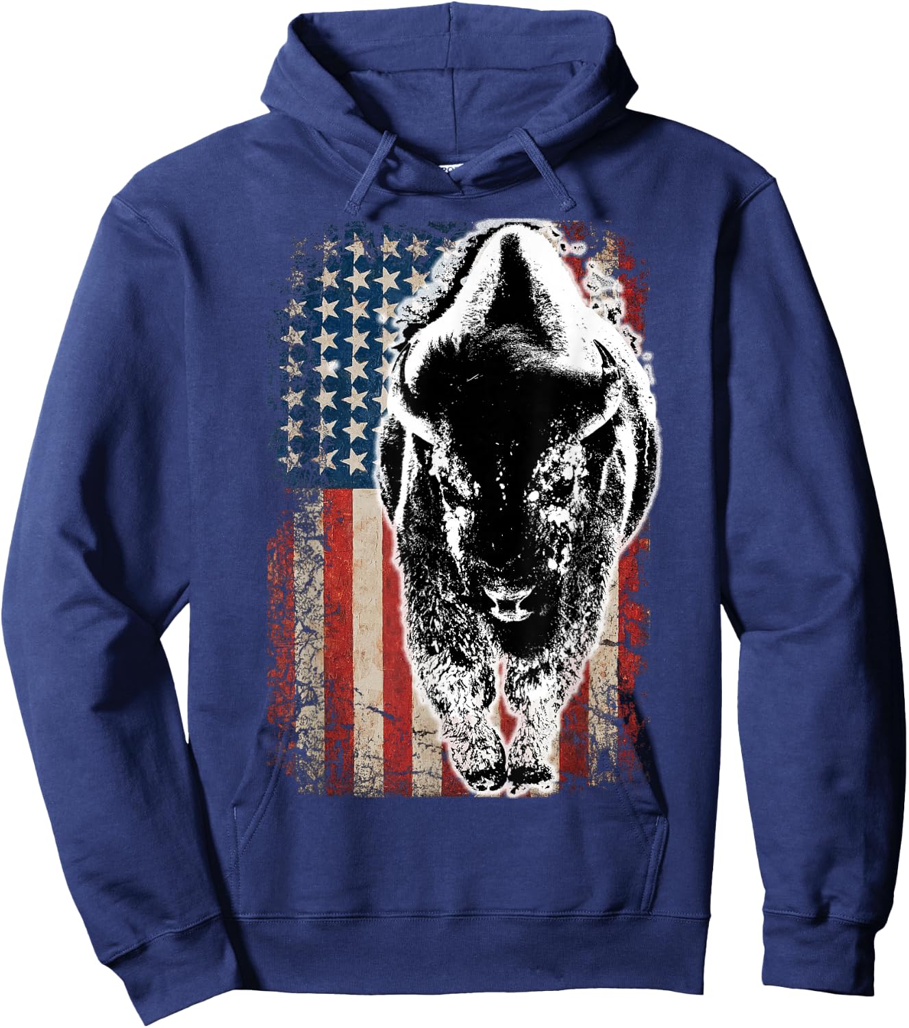 Vintage Buffalo American Flag Bison Hoodie - Hoodie | Navy