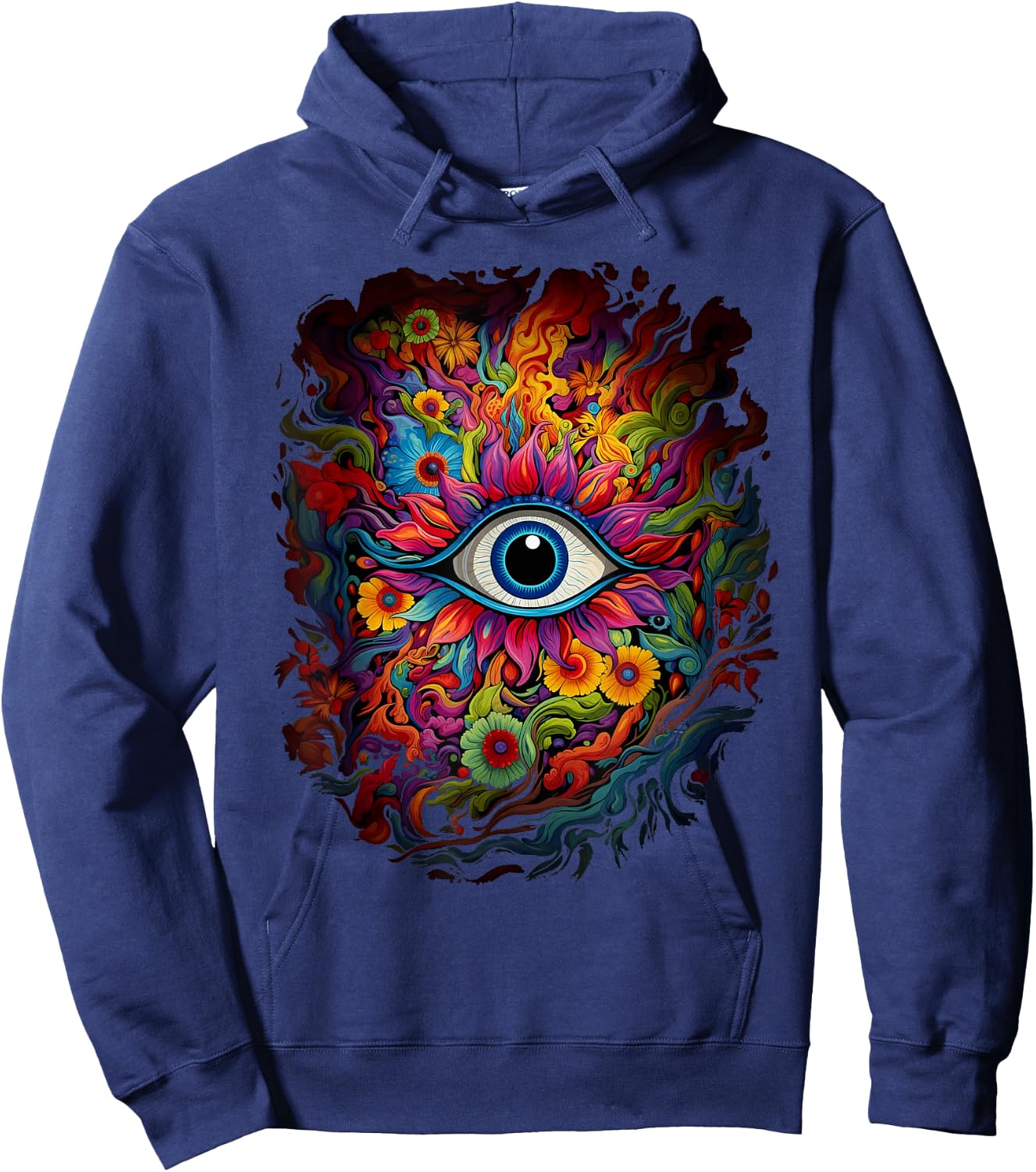 Psychedelic Third Eye Flower | Retro Colorful Floral Hippie Hoodie - Hoodie | Navy
