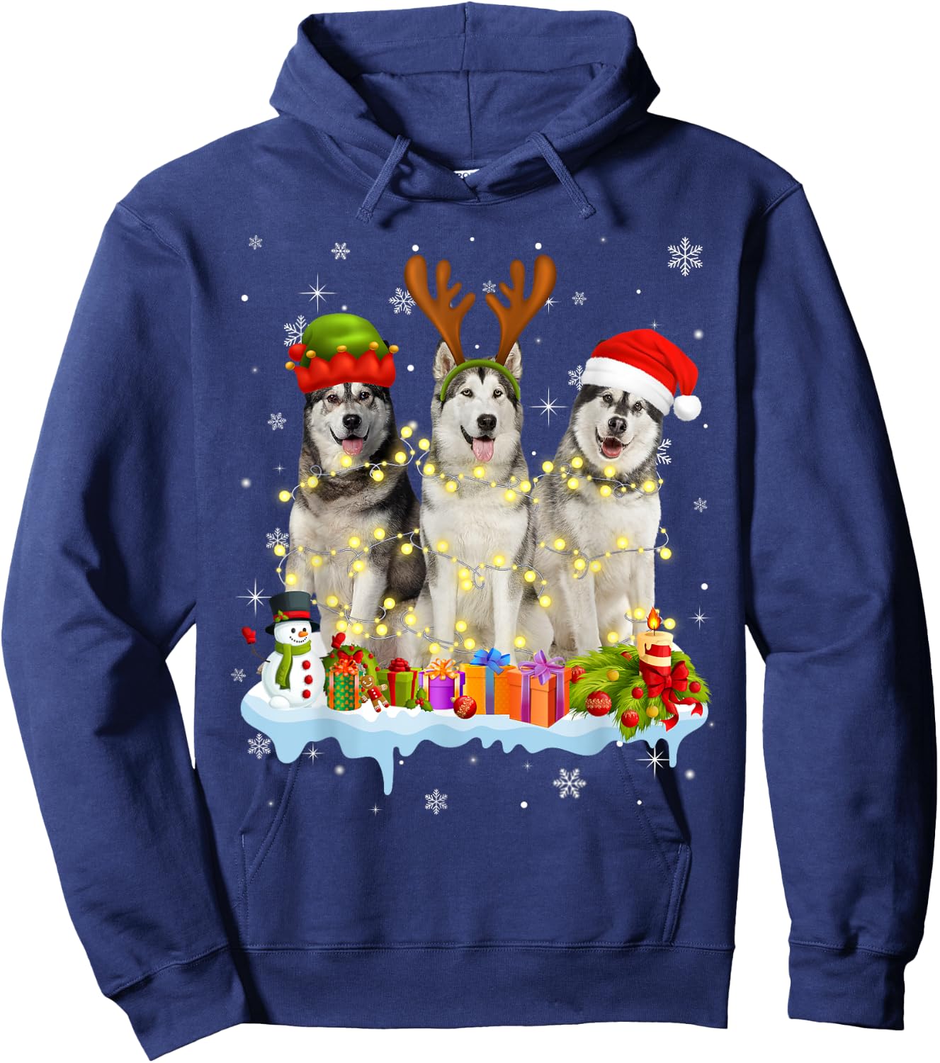 Cute Alaskan Malamute Santa Hat Christmas Light Xmas Hoodie - Hoodie | Navy
