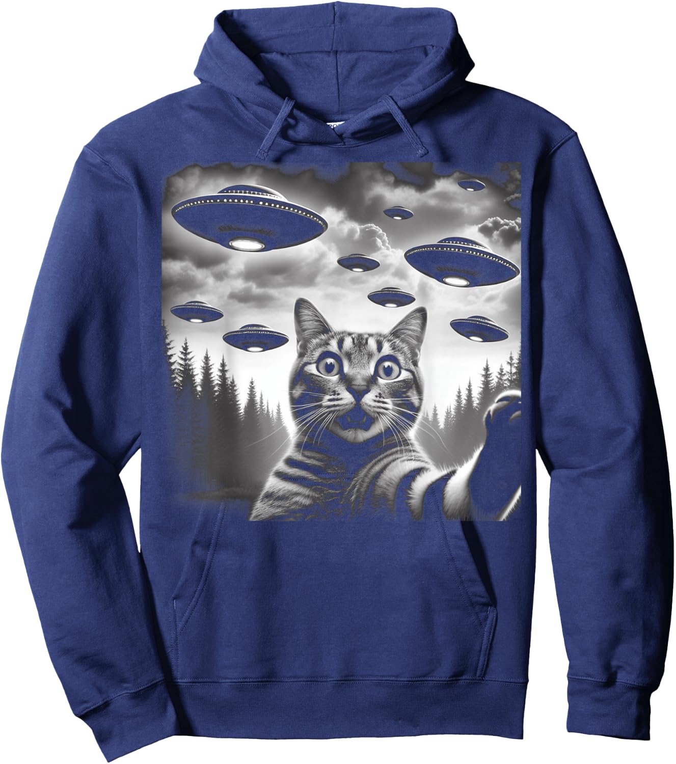 Funny Cat Selfie with UFOs Women Kids Hoodie - Hoodie | Navy