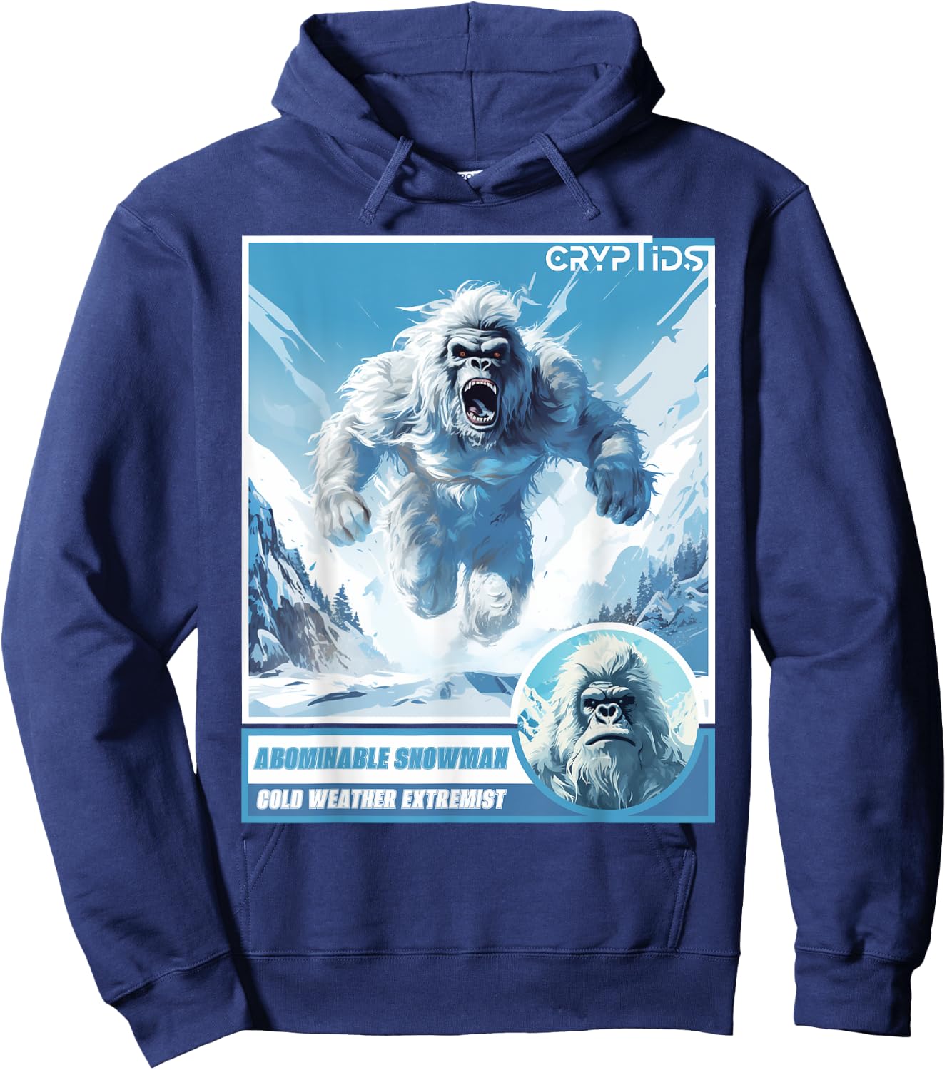Cryptozoology Cryptid Believer Apparel -Kids, Adults Black Cartoon Abominable Snowman Winter Classic Fit Hoodie - Hoodie | Navy