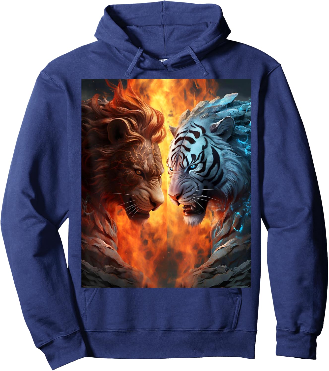 Two Tigers . White and Yellow Tigers, Flames Artwork Nice Hoodie - Hoodie | Navy