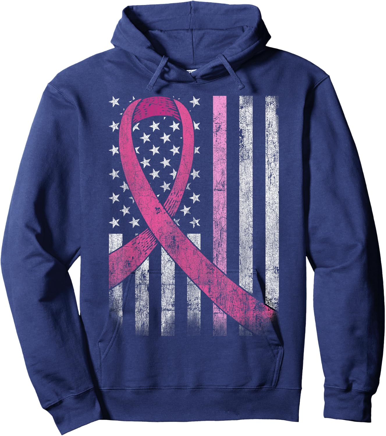 Breast Cancer Awareness American Flag Pink Ribbon Hoodie - Hoodie | Navy