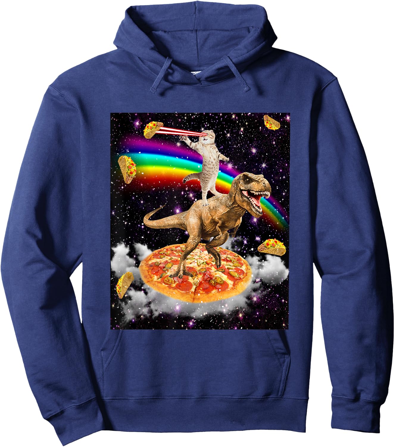 Galaxy Laser Cat on Dinosaur on Pizza with Tacos & Rainbow Hoodie - Hoodie | Navy