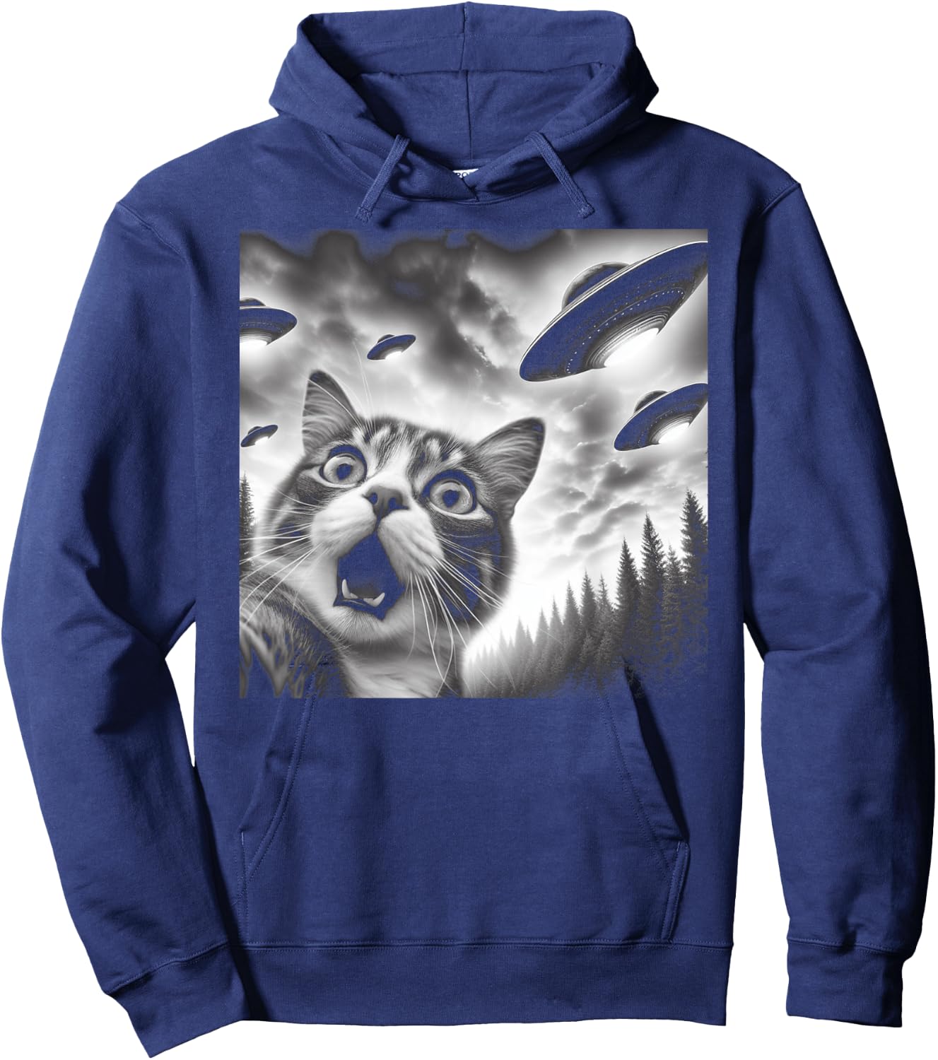 Funny Cat Selfie with UFOs Men Women Kids Hoodie - Hoodie | Navy