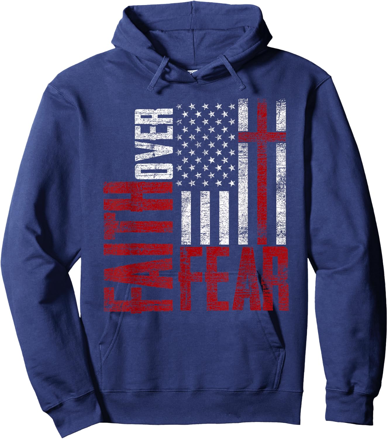 Patriotic Devotee USA Flag Cross Faith Over Fear Jesus Hoodie - Hoodie | Navy