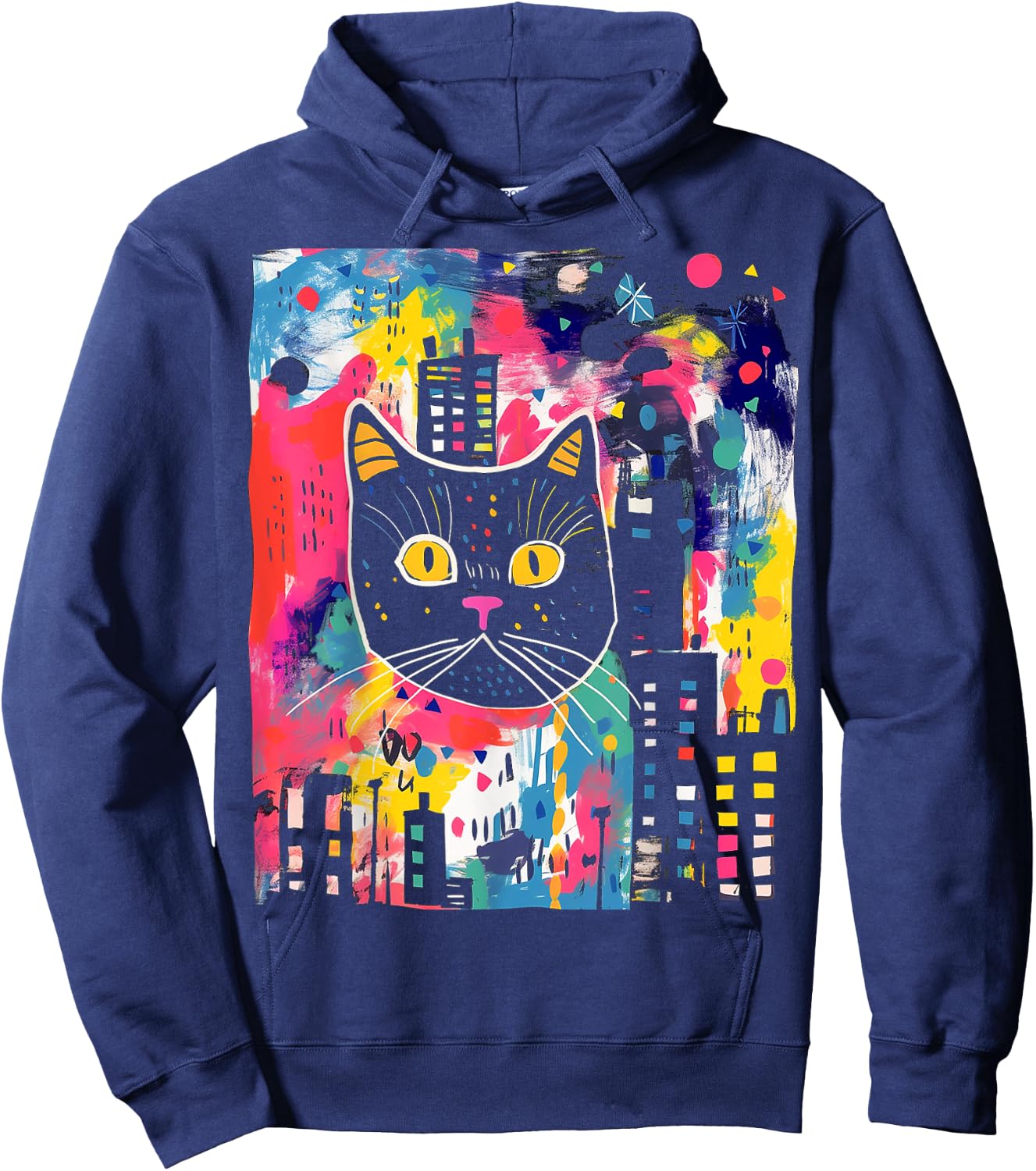 Cat Colorful Abstract Funny Animal Art Graphic Cat Women Kids Hoodie - Hoodie | Navy