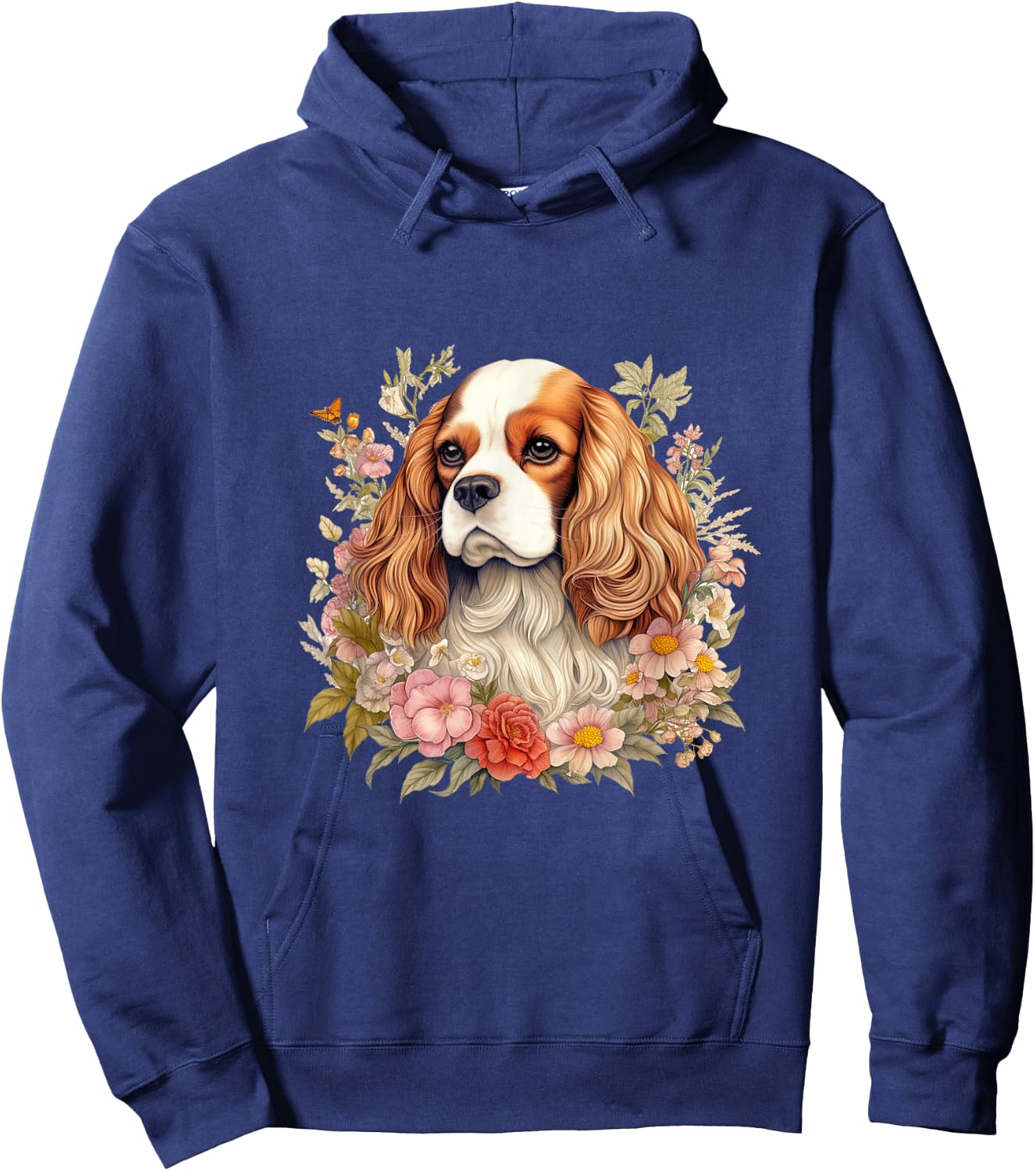Cavalier King Charles Spaniel Dog with Flowers Floral Hoodie - Hoodie | Navy