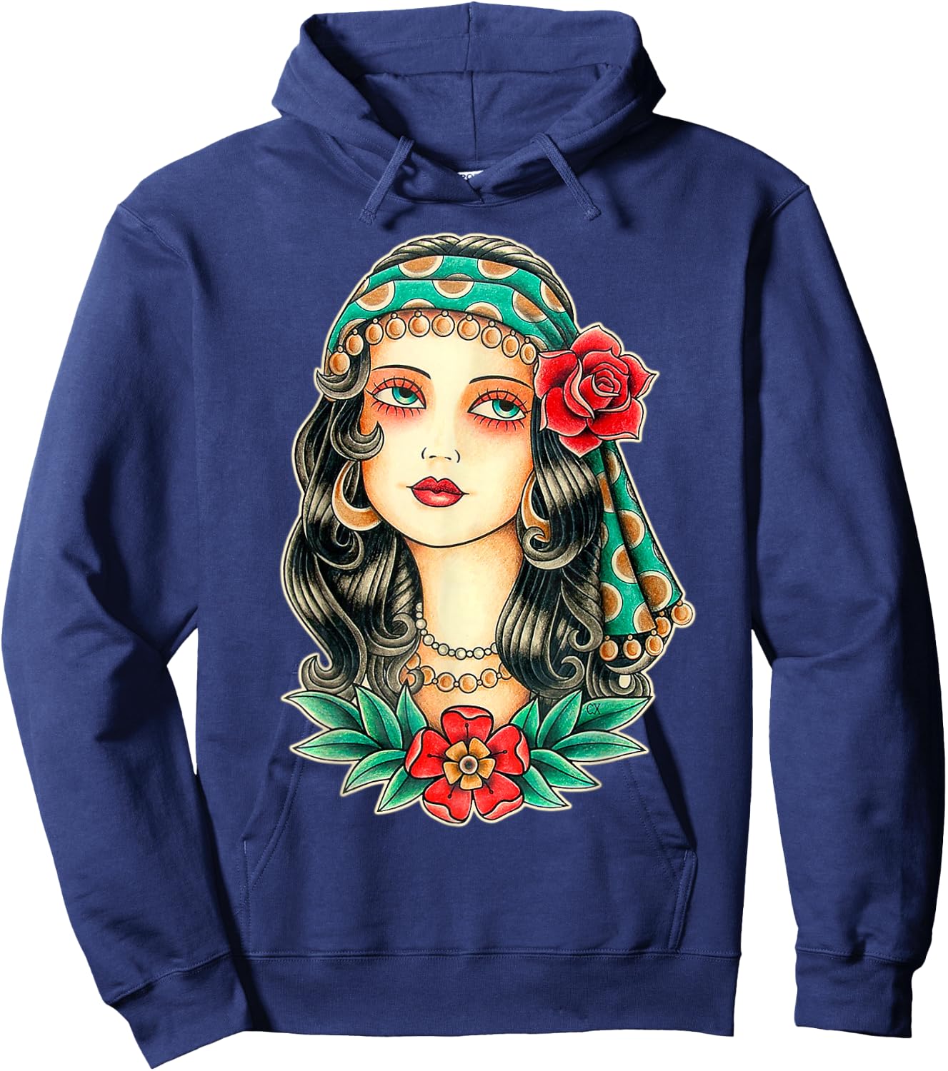 Pretty Girl Gypsy Fortune Teller Traditional Tattoo Flash Hoodie - Hoodie | Navy