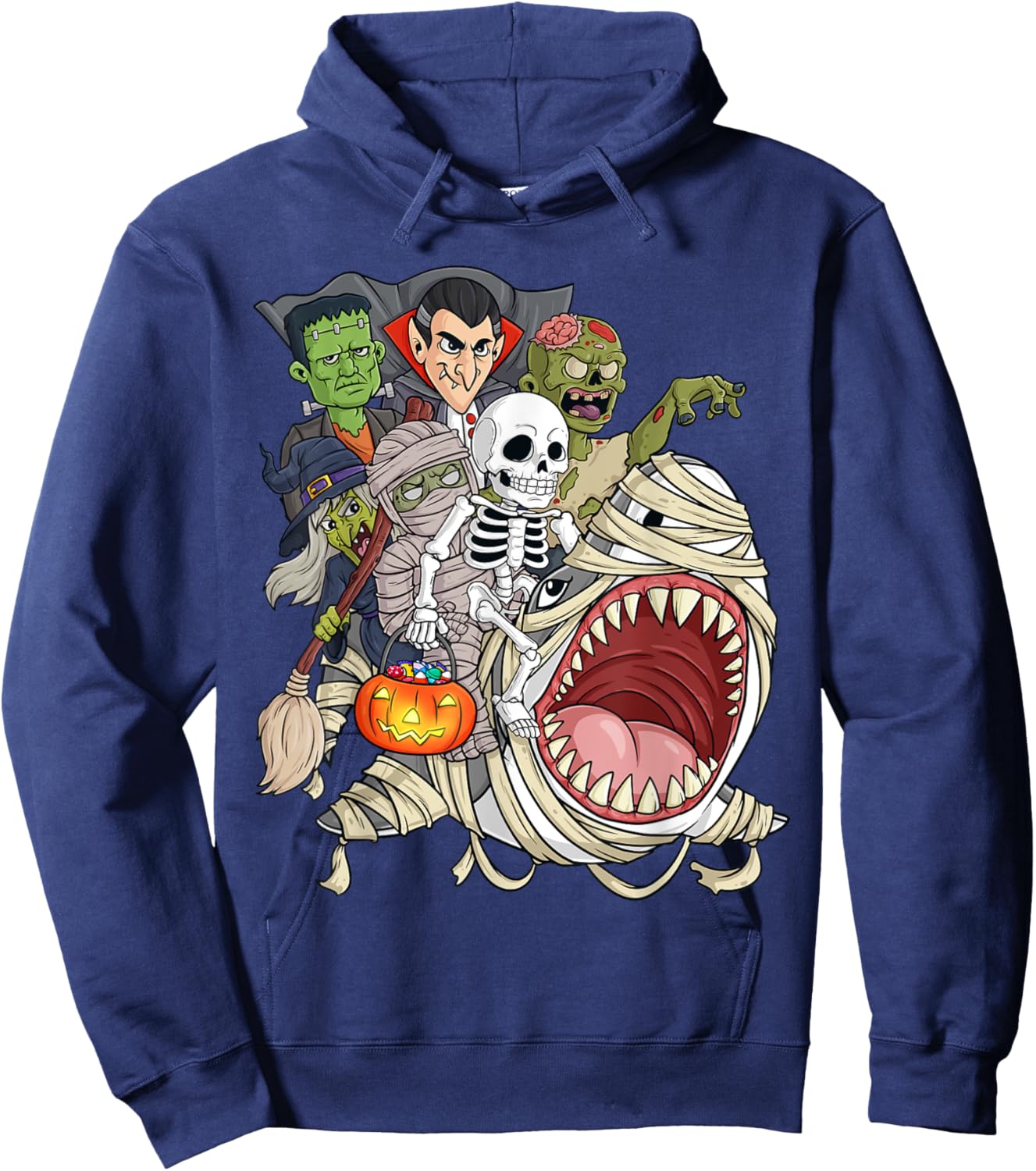 Skeleton Zombie Riding Mummy Shark Funny Halloween Pumpkin Hoodie - Hoodie | Navy