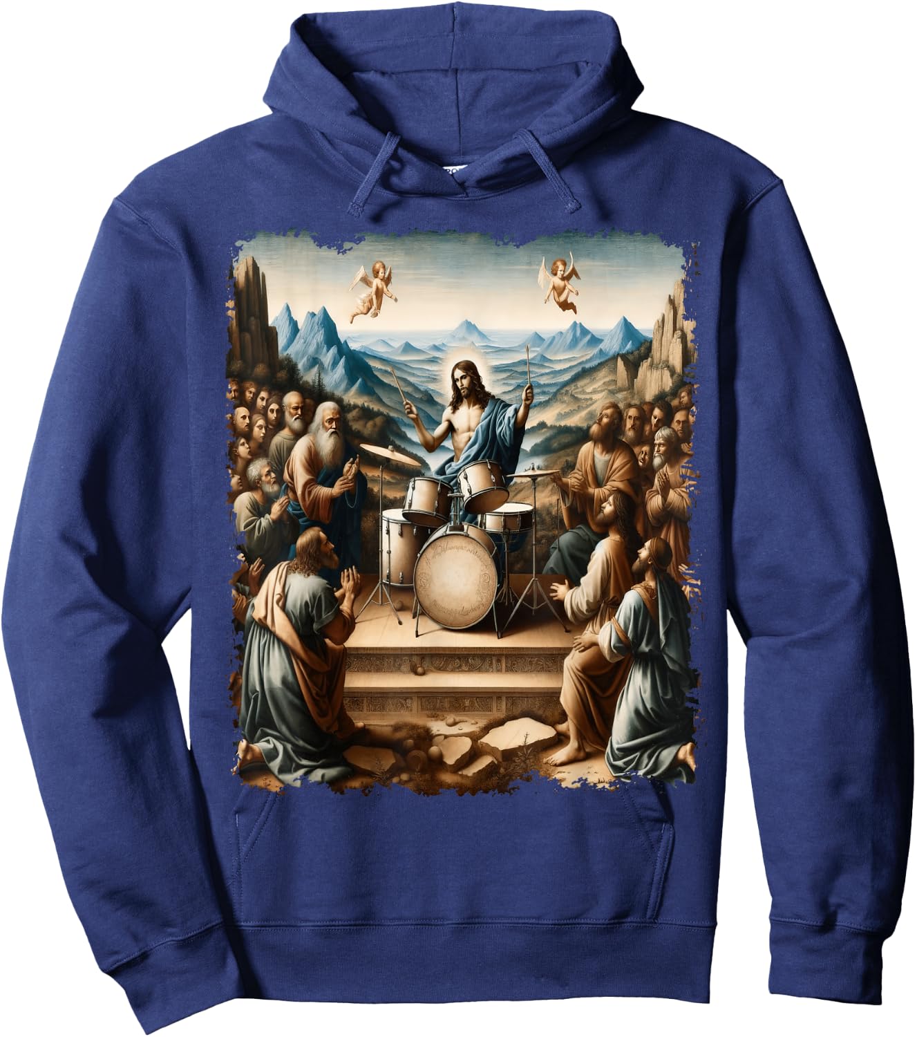 Jesus Playing Drums, Funny Christian Drummer Painting Hoodie - Hoodie | Navy