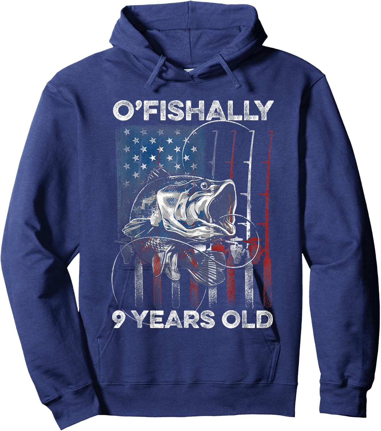 Ofishally 9 Year Old Shirt 9th Birthday Fishing US Flag Hoodie - Hoodie | Navy