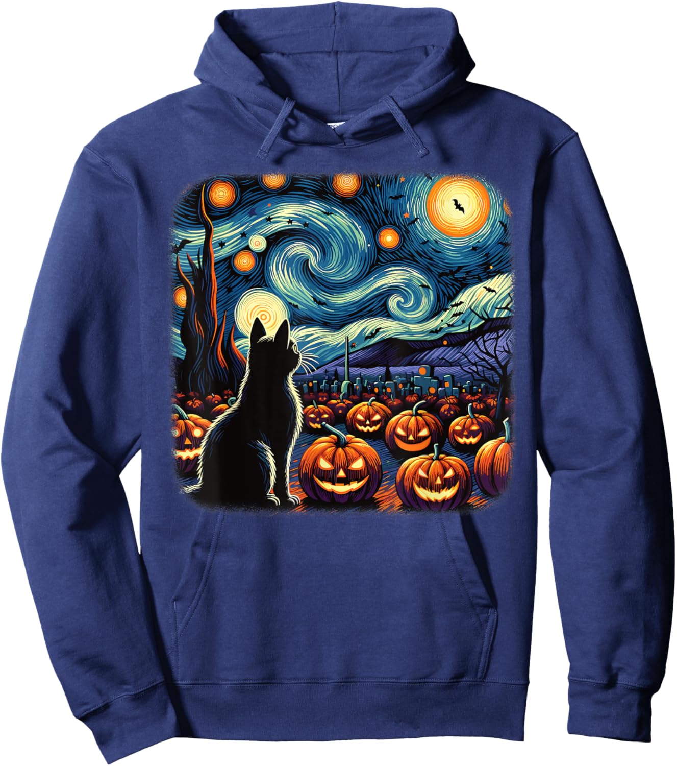 Halloween Black Cat Van Gogh Starry Night Pumpkins Bats Men Women Girls Kids Hoodie - Hoodie | Navy