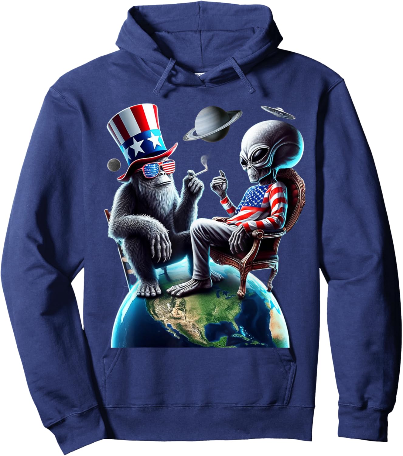 Patriotic Bigfoot Sasquatch Alien Space UFO 4th Of July Hoodie - Hoodie | Navy