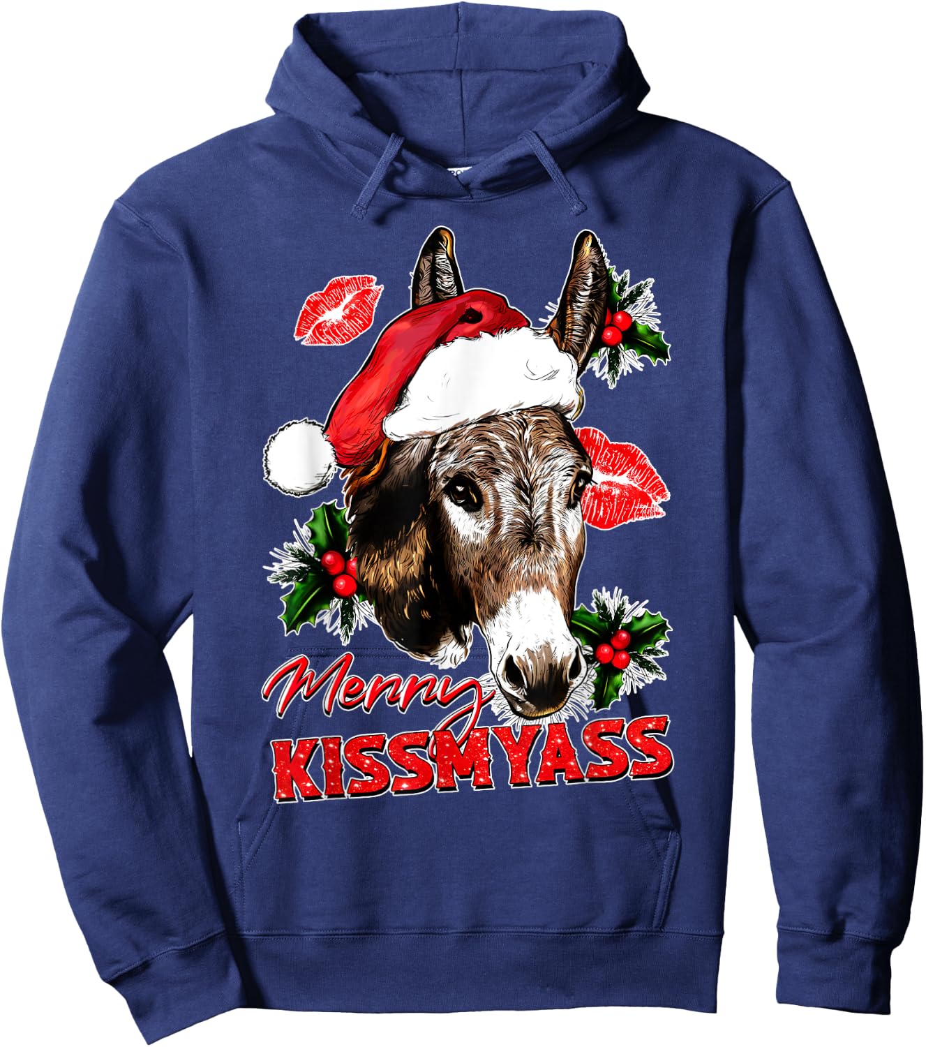 Merry Kissmyass Funny Donkey Lovers Sarcastic Christmas Hoodie - Hoodie | Navy
