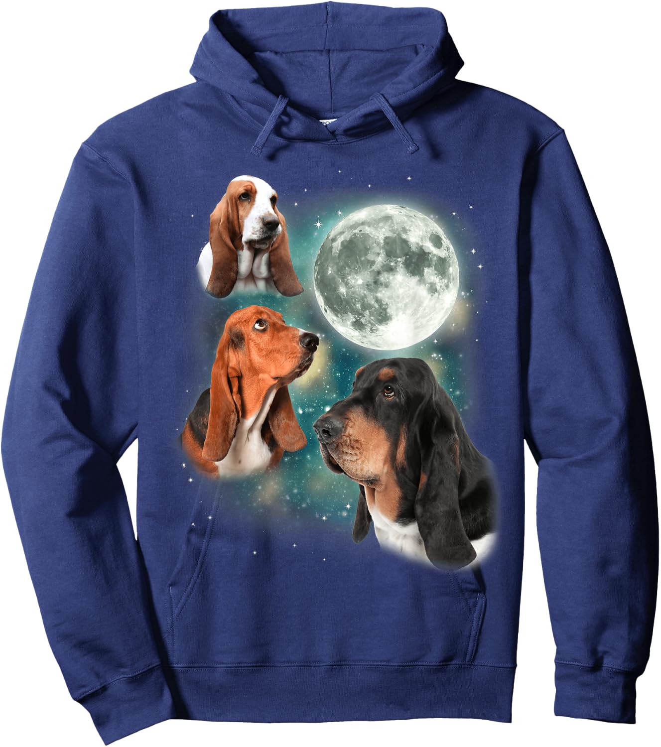 Basset Hound Moon | 3 Funny Canines Howl At Moon Cute Dog Hoodie - Hoodie | Navy