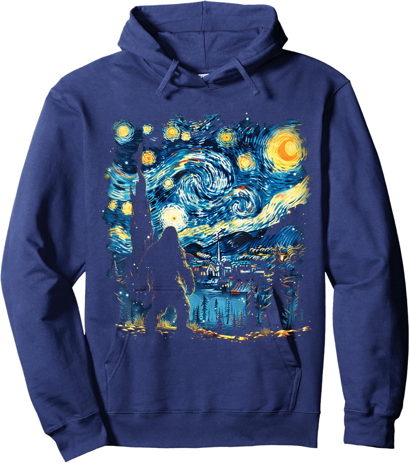 Funny Bigfoot Starry Night Sasquatch Van Gogh Sky Painting Hoodie - Hoodie | Navy