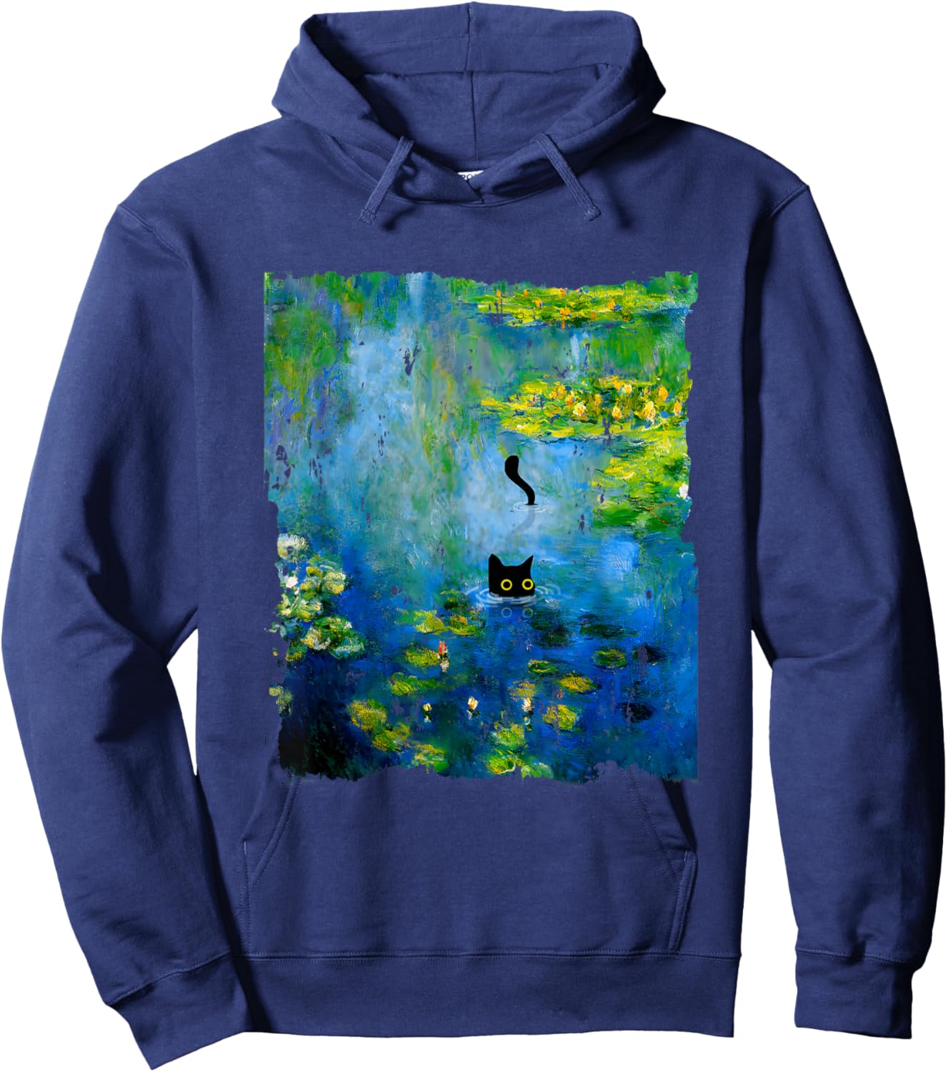 Black Cat Monets Waterlily Painting Art Cat Lover Hoodie - Hoodie | Navy