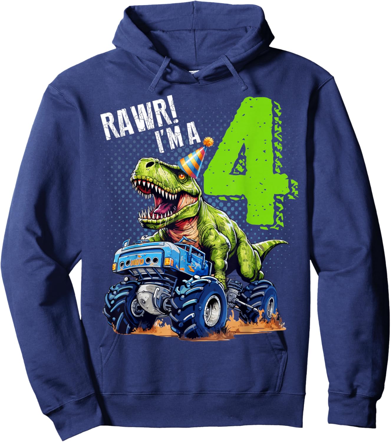 Rawr I’m 4 Birthday Dinosaur Monster Truck 4th Boys Girls Hoodie - Hoodie | Navy