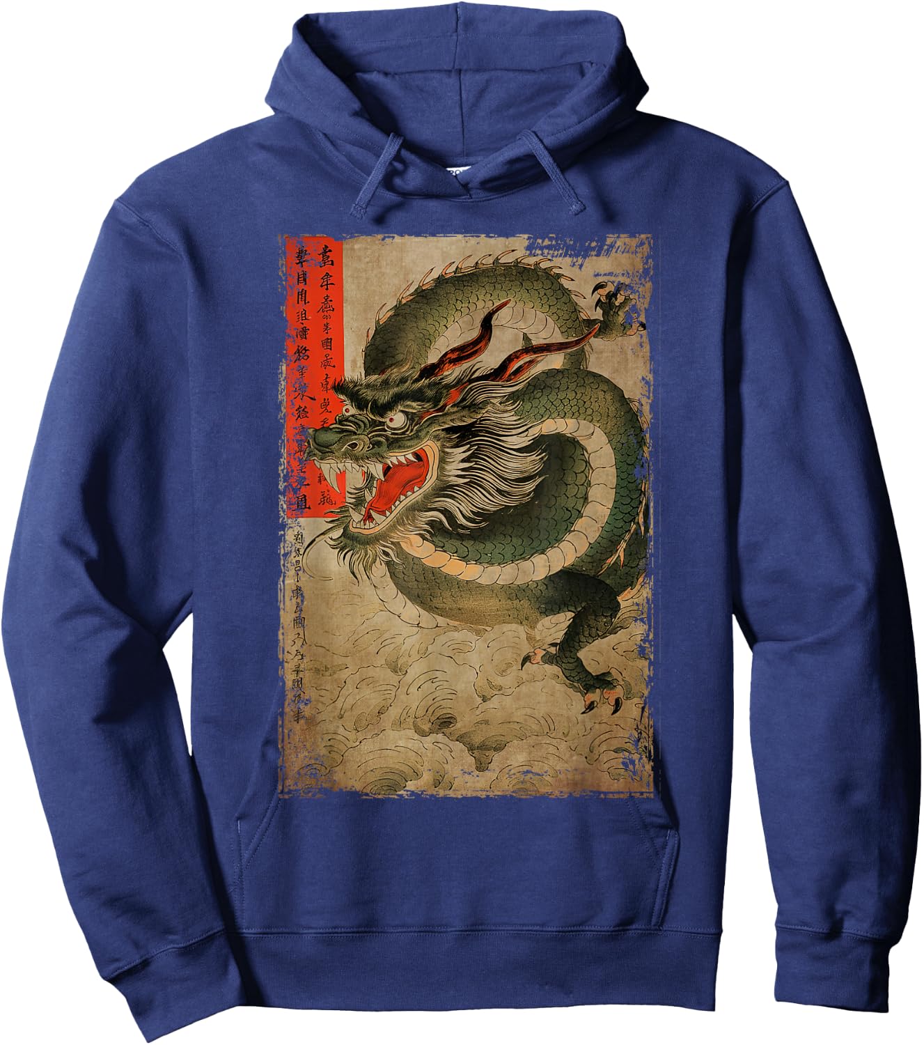Japanese Dragon and The Great Wave off Kanagawa Woodblock Hoodie - Hoodie | Navy