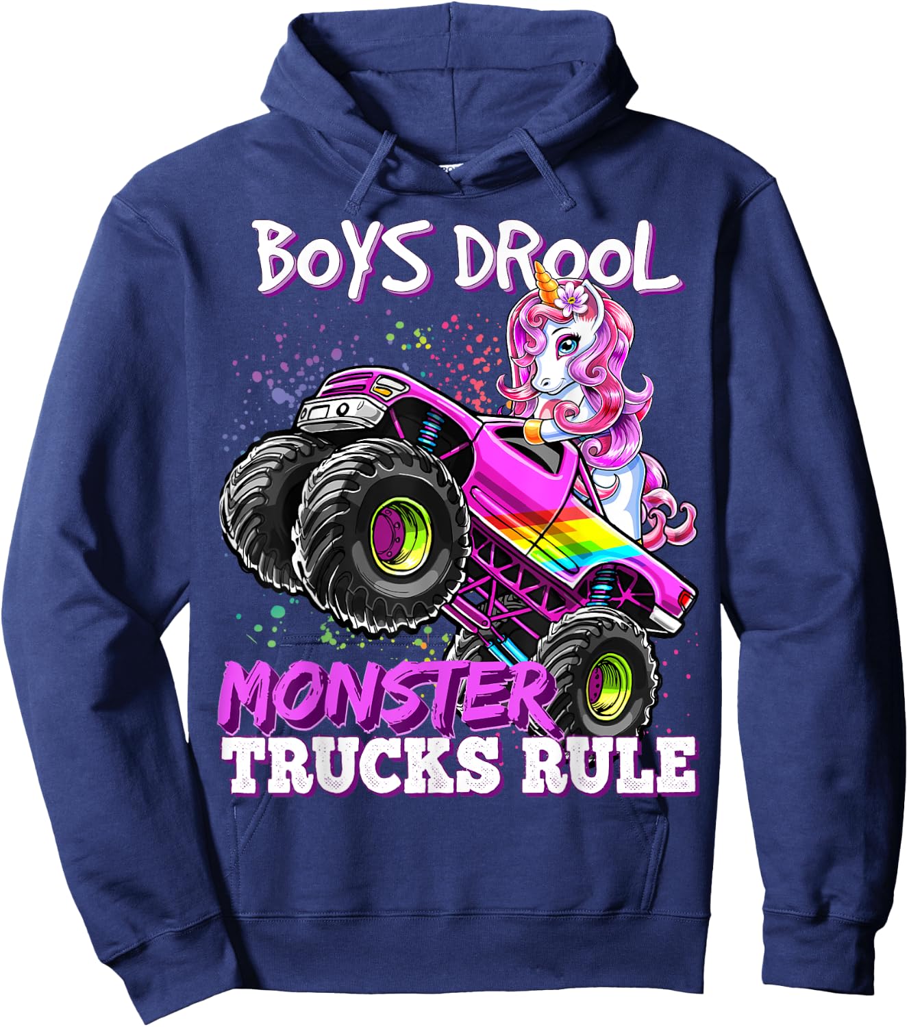 Boys Drool Monster Trucks Rule Unicorn Monster Truck Girl Hoodie - Hoodie | Navy