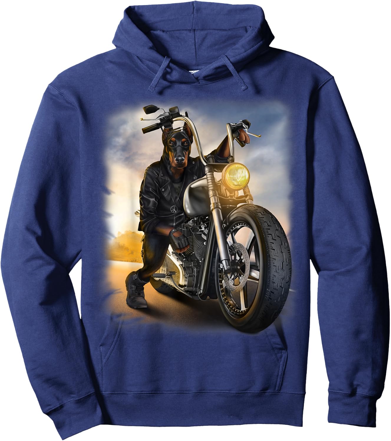 Doberman Dog Biker Riding Motorcycle at Sunset Hoodie - Hoodie | Navy